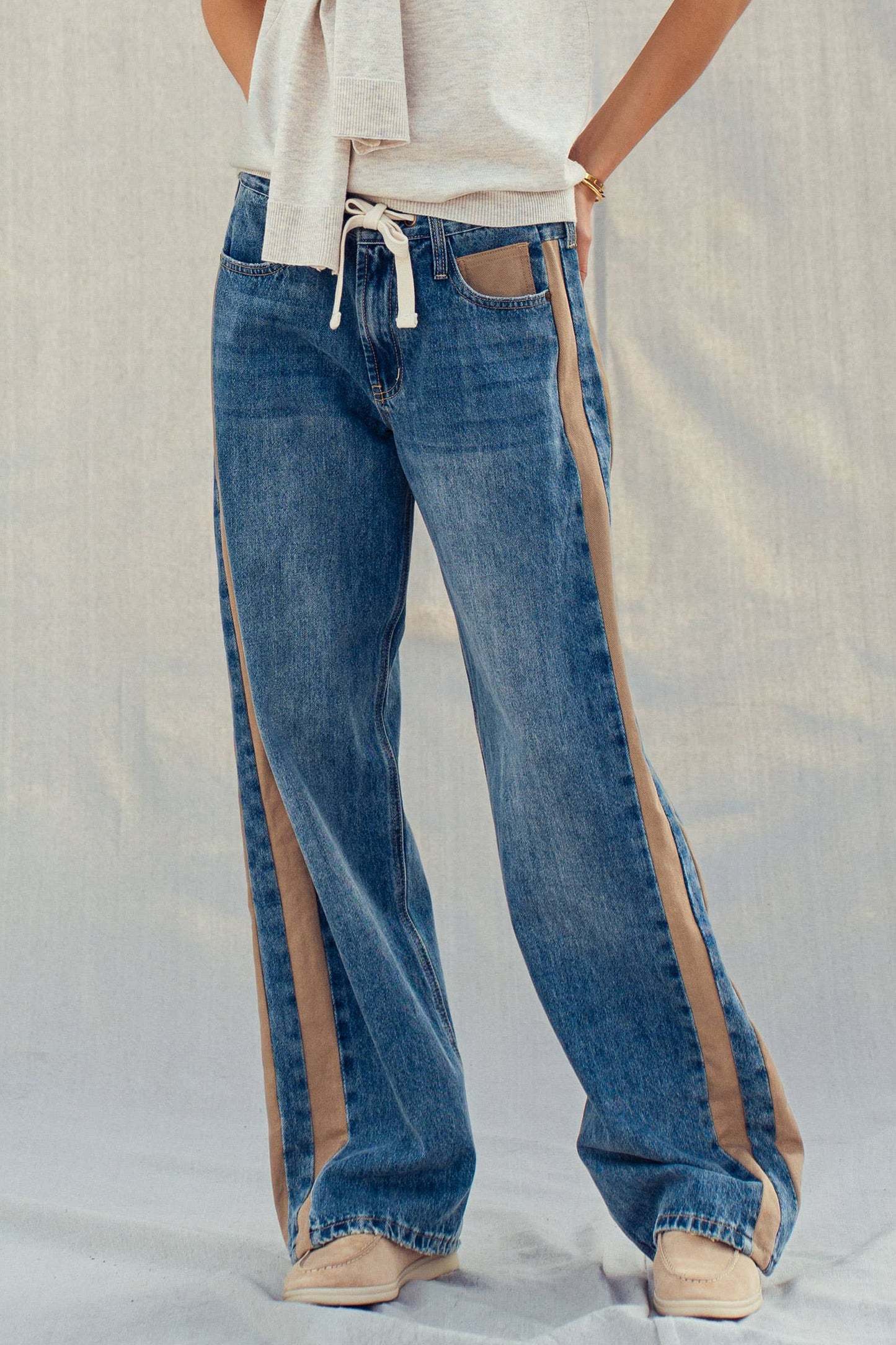 Slouchy Relaxed Wide-Leg Utility Stripe Denim Jeans