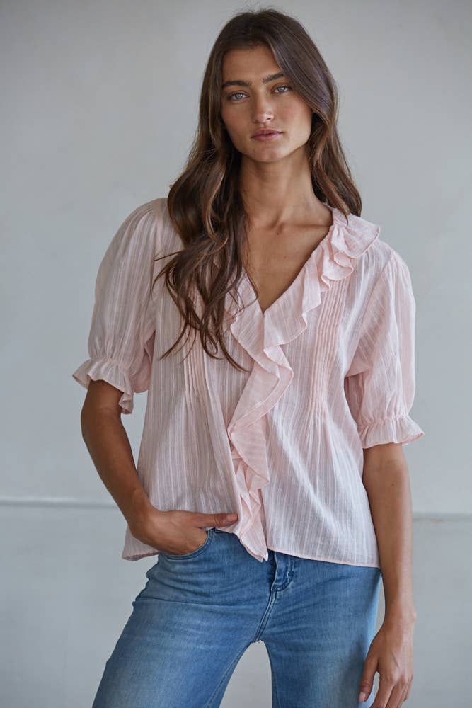 Woven Cotton V-Neck Short Sleeve Top
