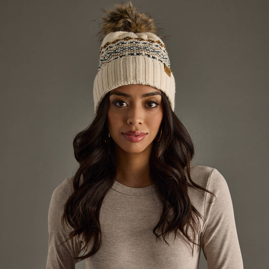 Cream, Black & Camel Patterned Pom Hat