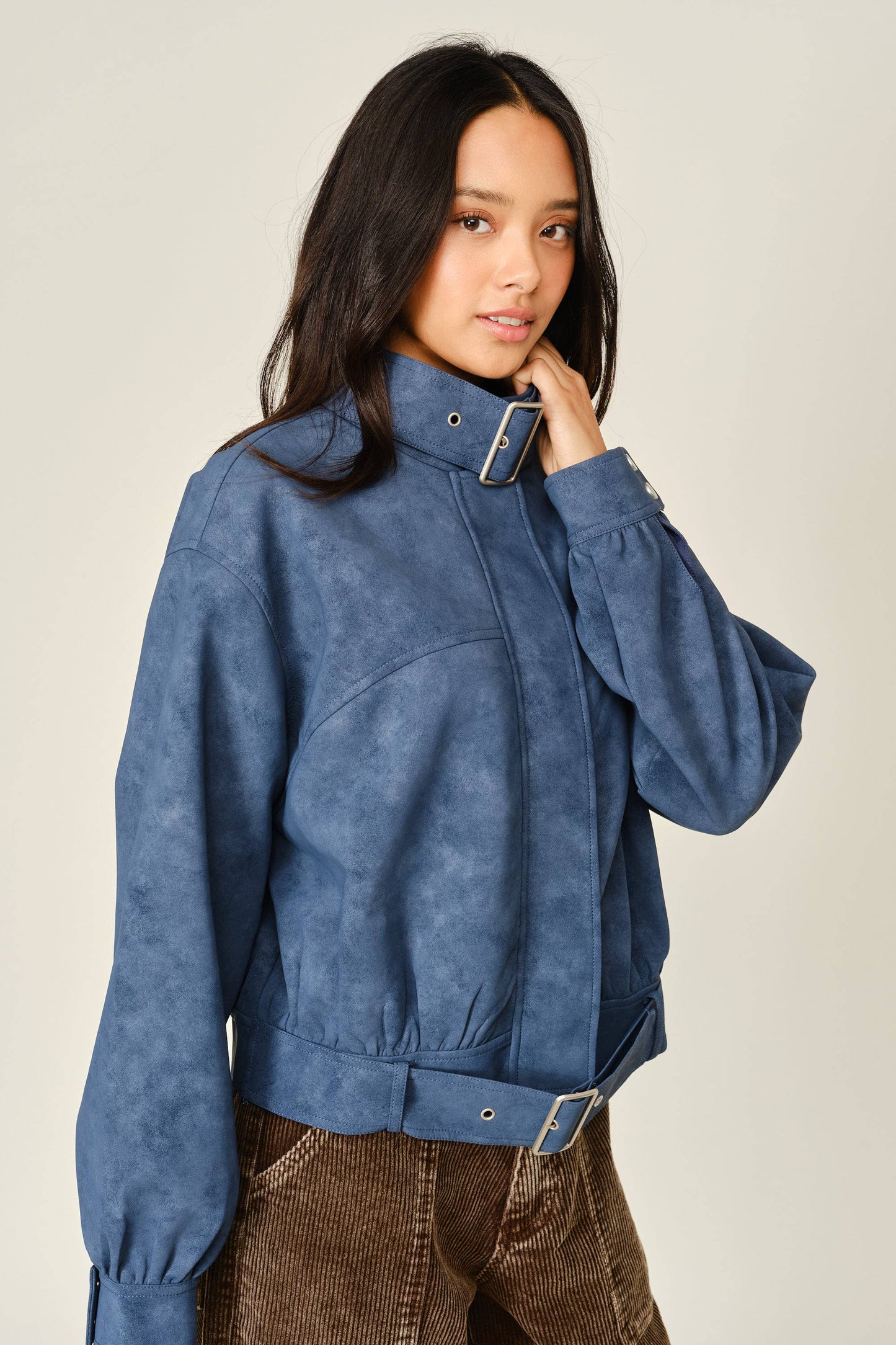 Vintage Vegan Leather Belted Bomber Jacket