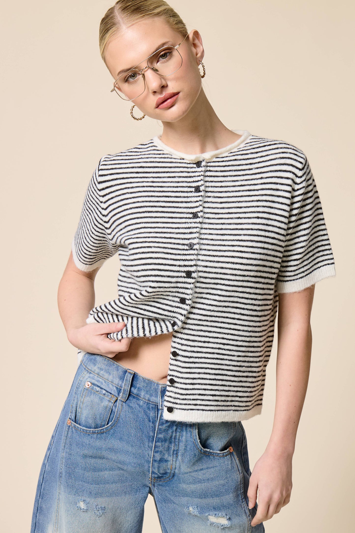 Muse Striped Short Sleeve Button Cardigan