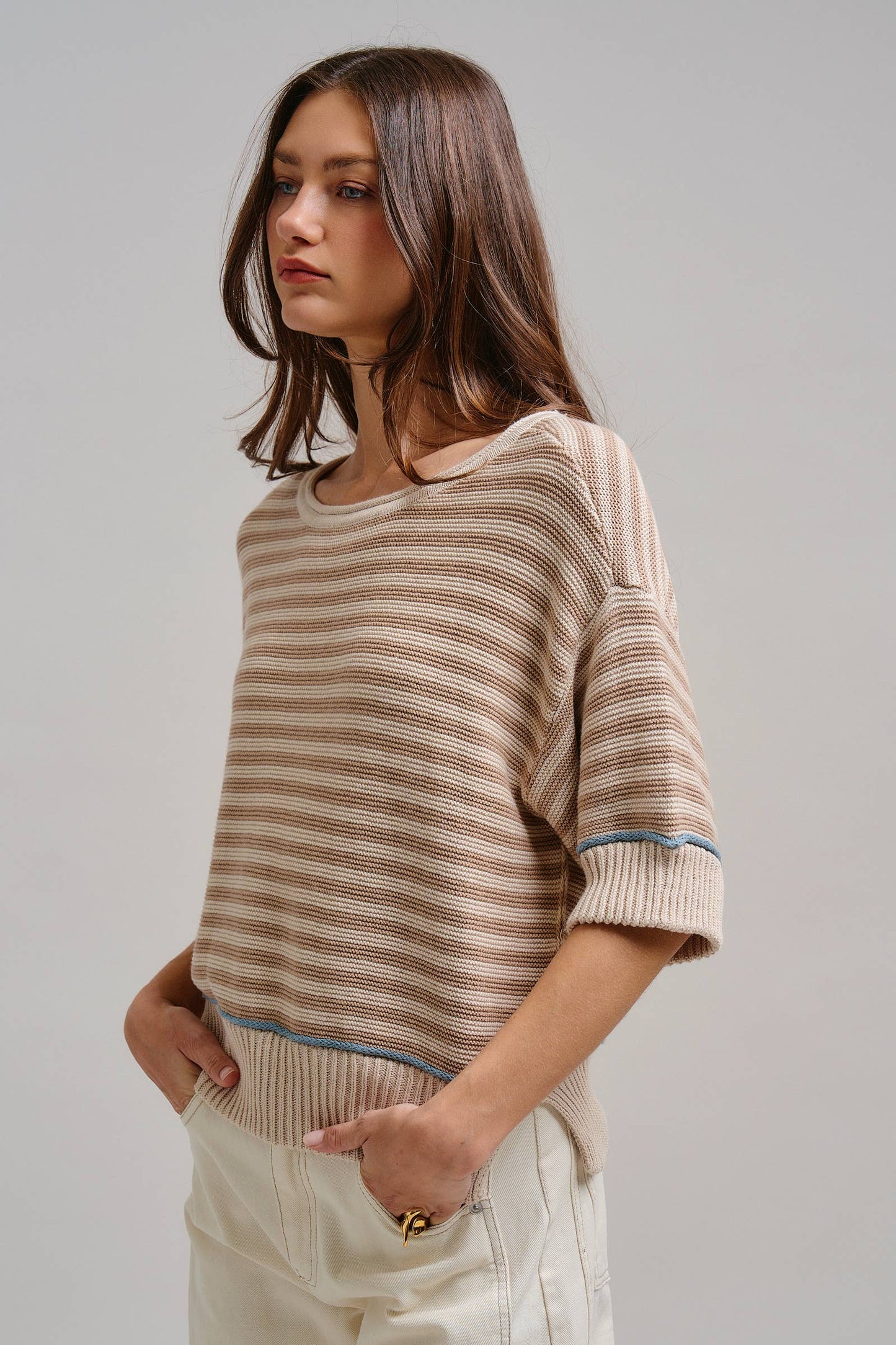 Premium Cotton Striped Contrast Trim Sweater Tee