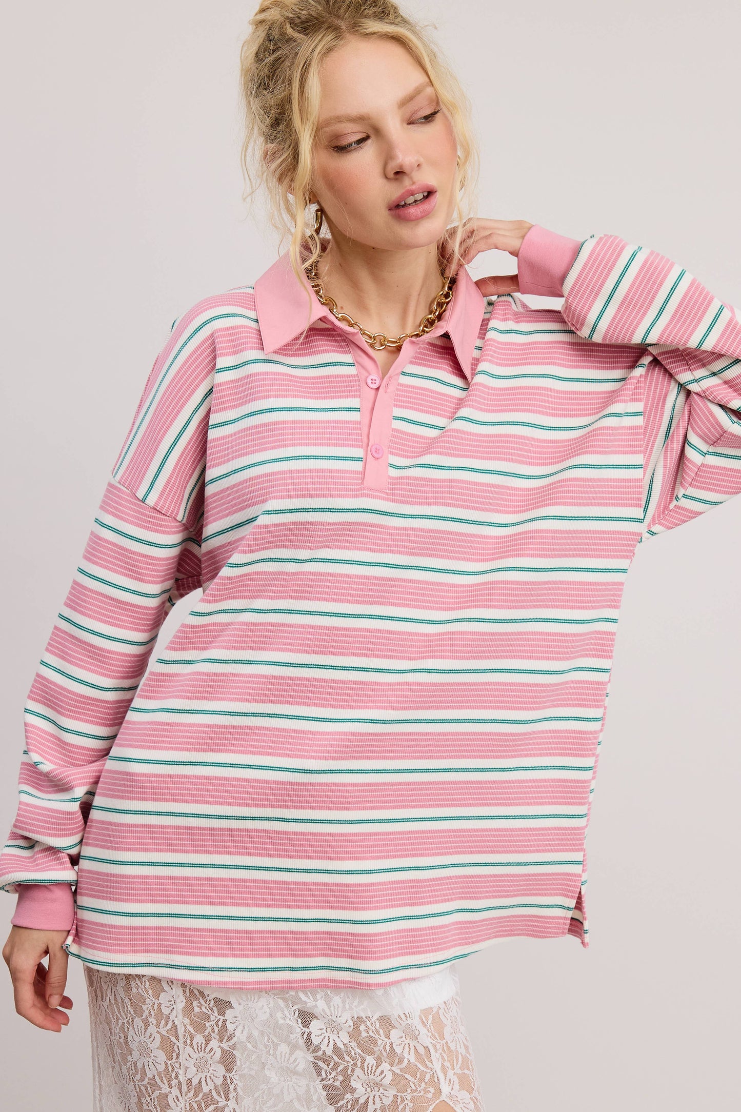 Multicolor Stripe Oversized Long Sleeve Polo Shirt