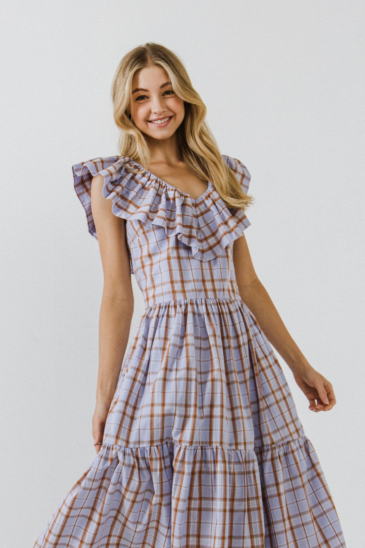 english factory ruffle detail midi dress English Factory Lavender and Mocha Mousse Ruffle Midi Dress – Cloth-n-Mortar