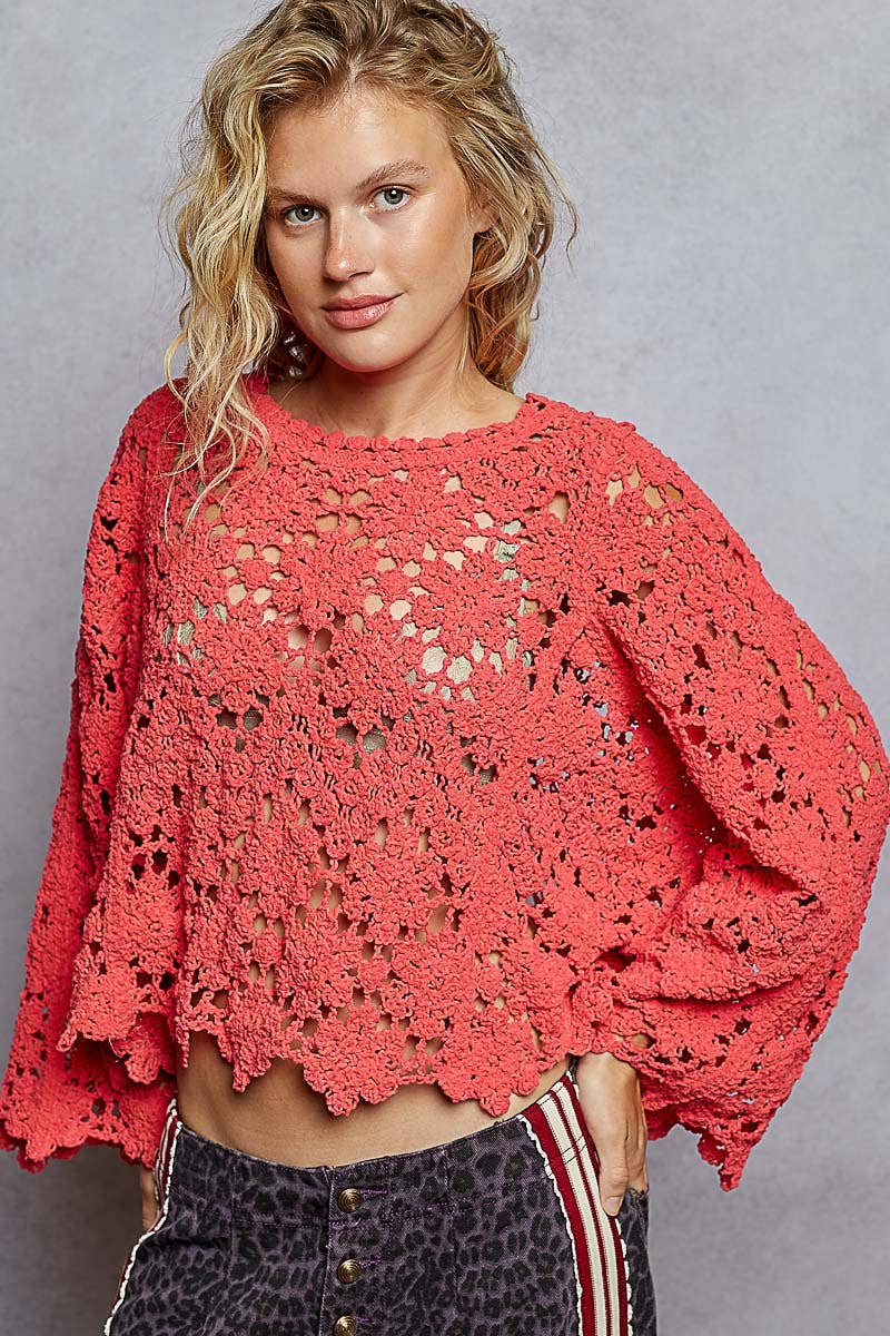 Flare sleeve scalloped edge solid crochet sweater - 2 color options
