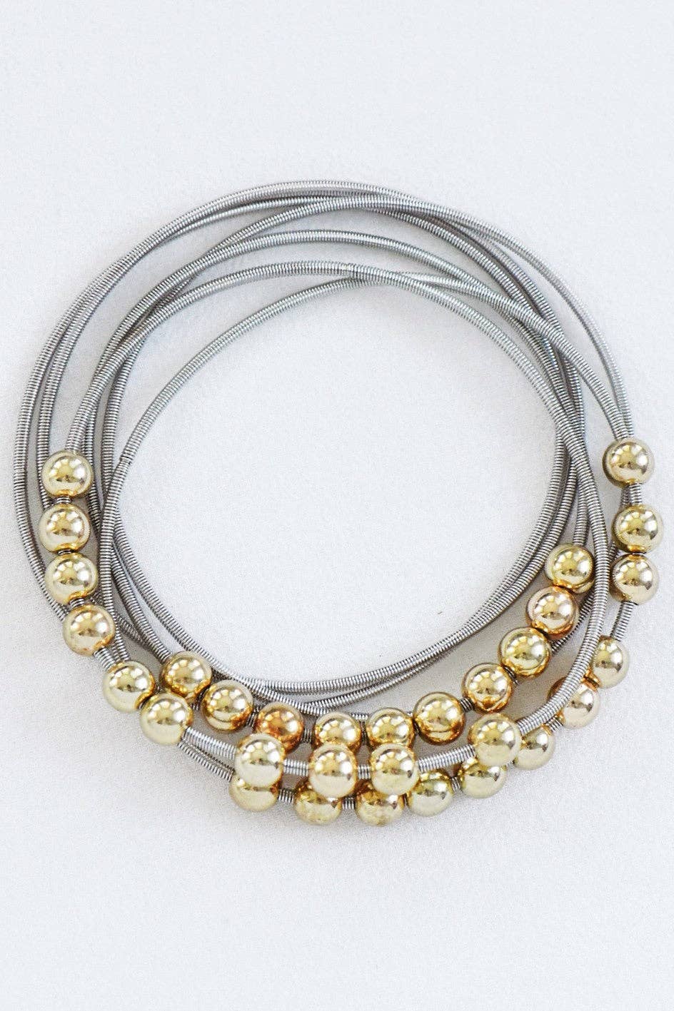 Boho Layered Spring Coil Guitar String Bracelet w/Metallic Beads Set