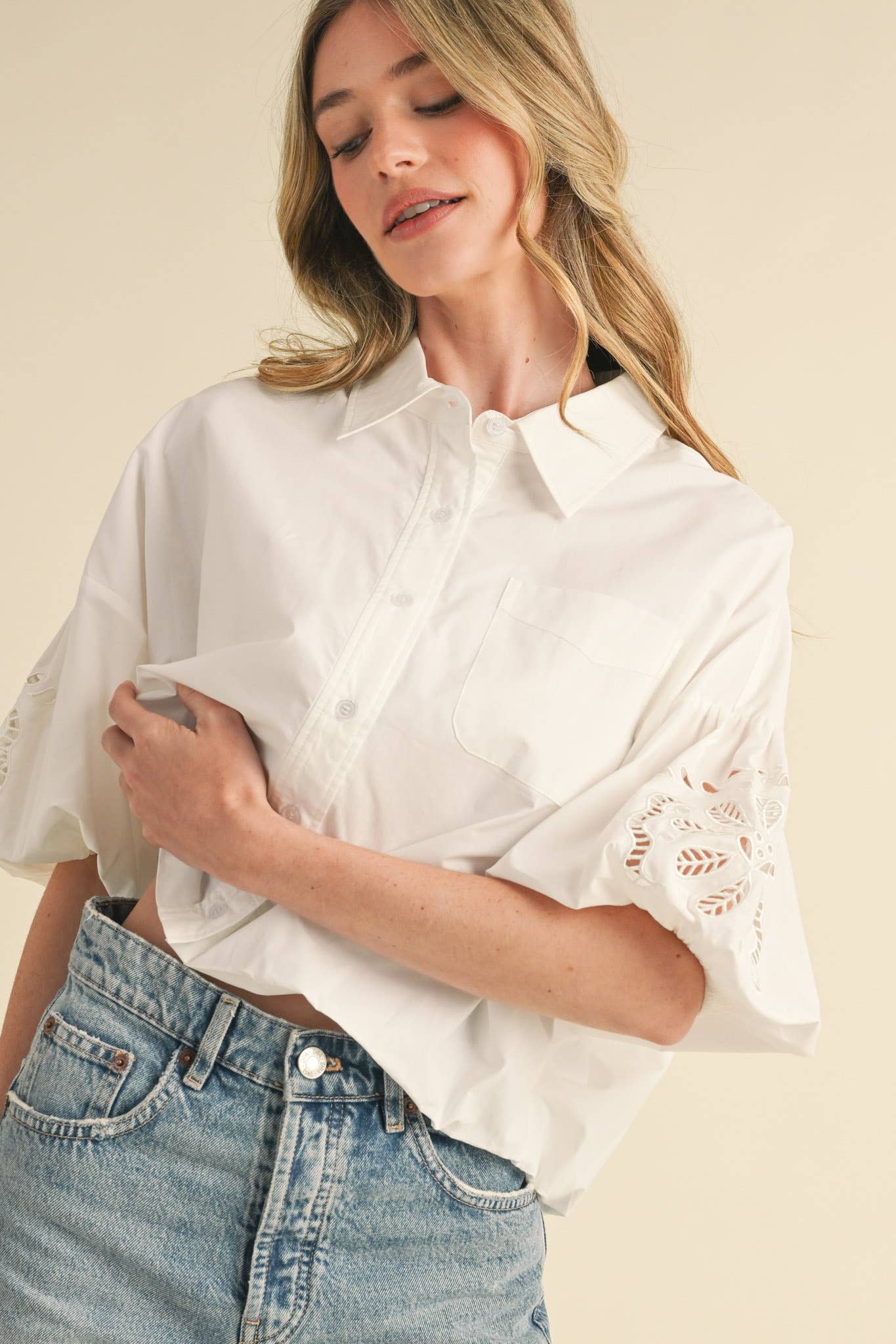 Eyelet Embroidered Bubble Sleeve Top