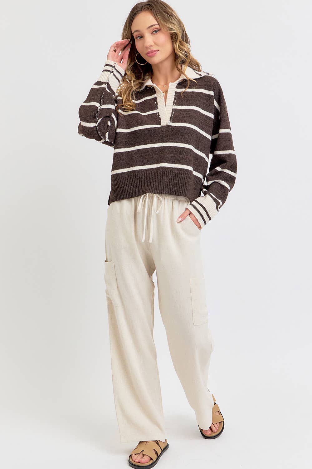 Linen Blend Pull On Drawstring Pants in Oatmeal