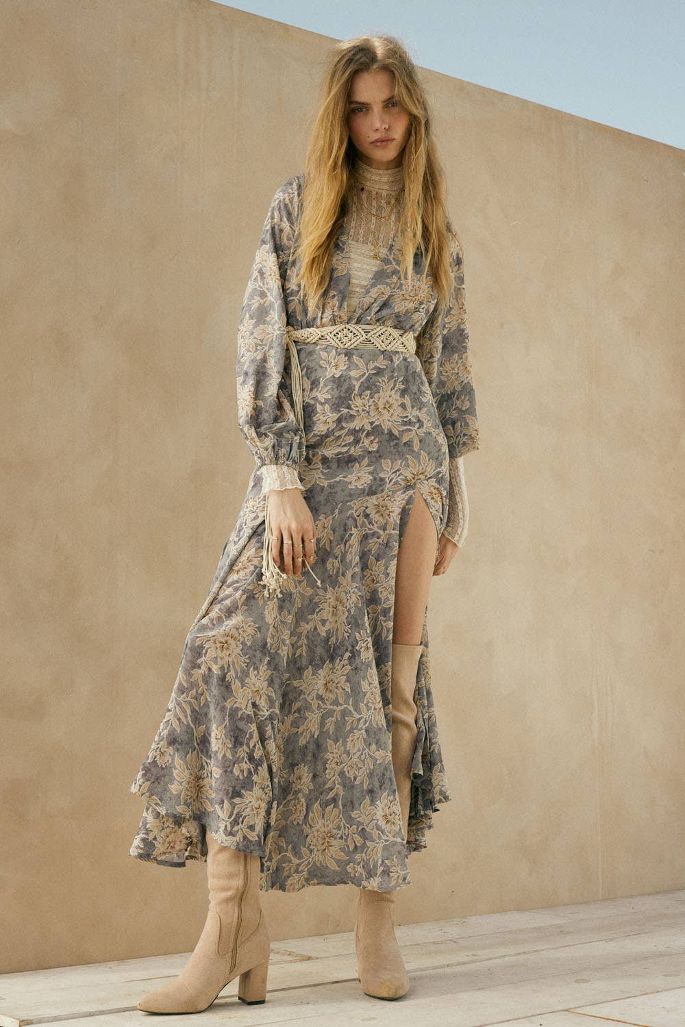 Floral-Print Drop-Waist Bubble-Sleeve Maxi Dress