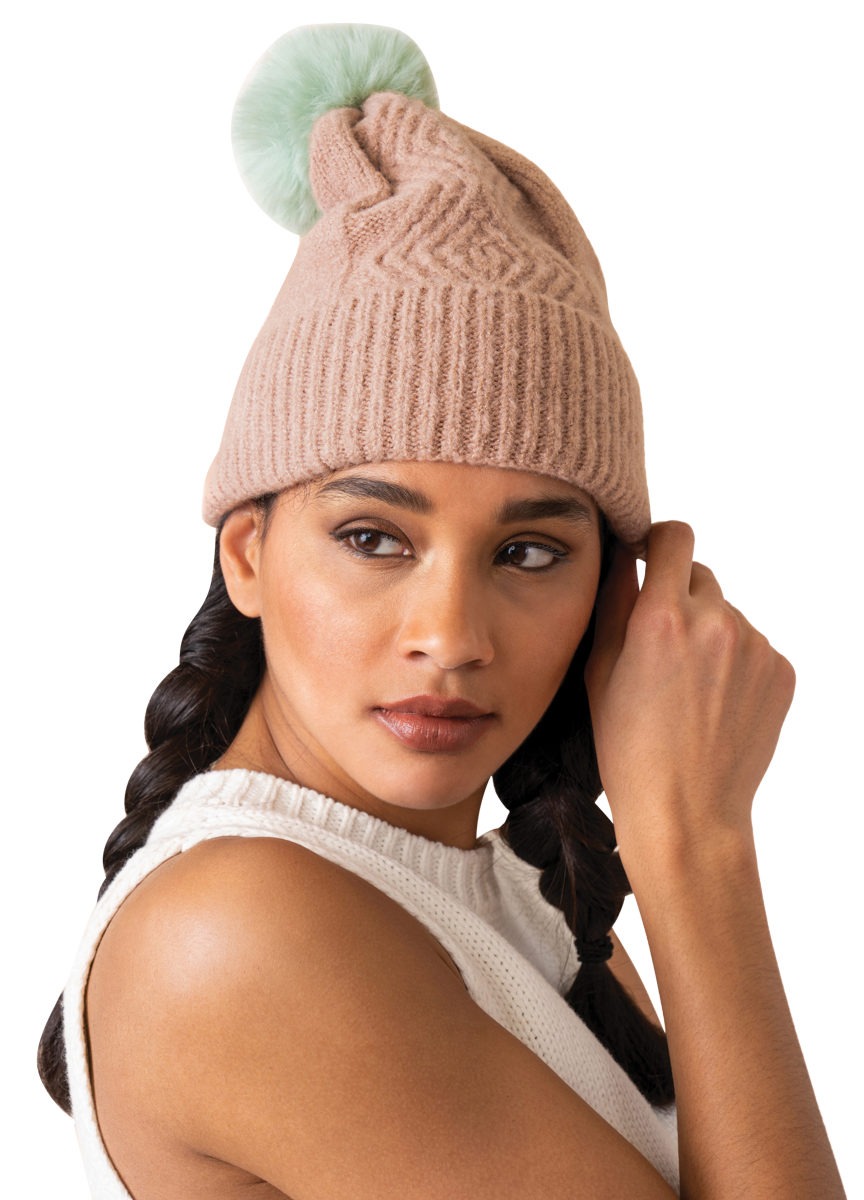 Ingrid Bobble Hat - Taupe & Aqua