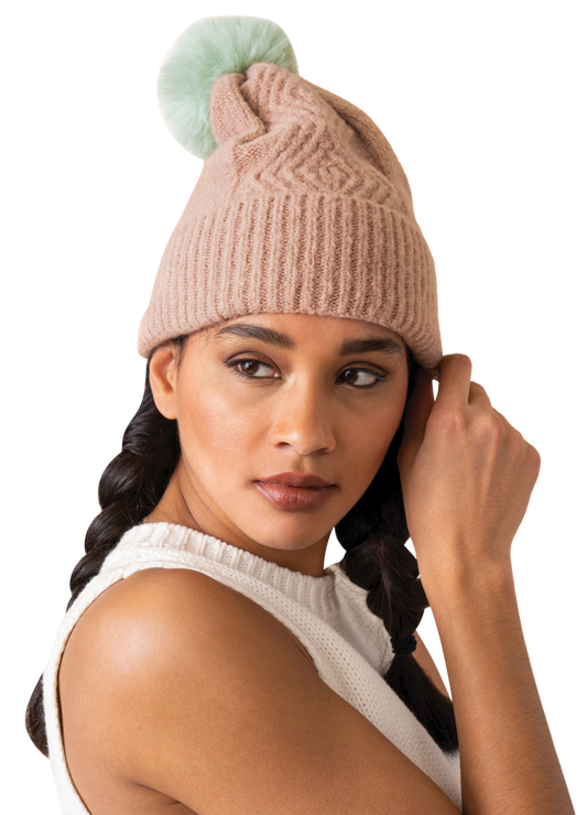 Ingrid Bobble Hat - Taupe & Aqua