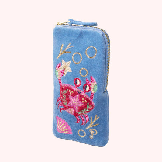 Velvet Sunglasses Pouch - Seafaring Crab - Cornflower