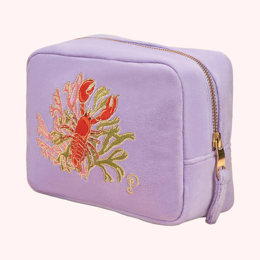 Velvet Embroidered Make Up Bag - Lobster Buddies, Lavender