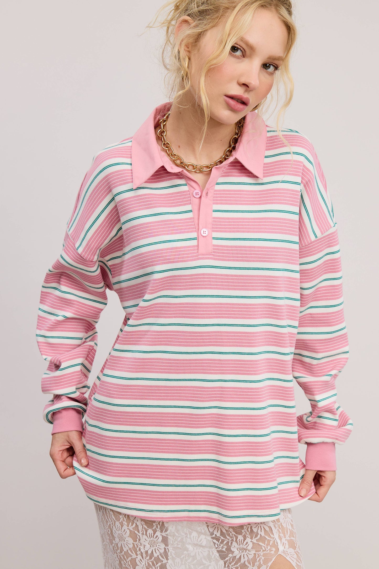 Multicolor Stripe Oversized Long Sleeve Polo Shirt