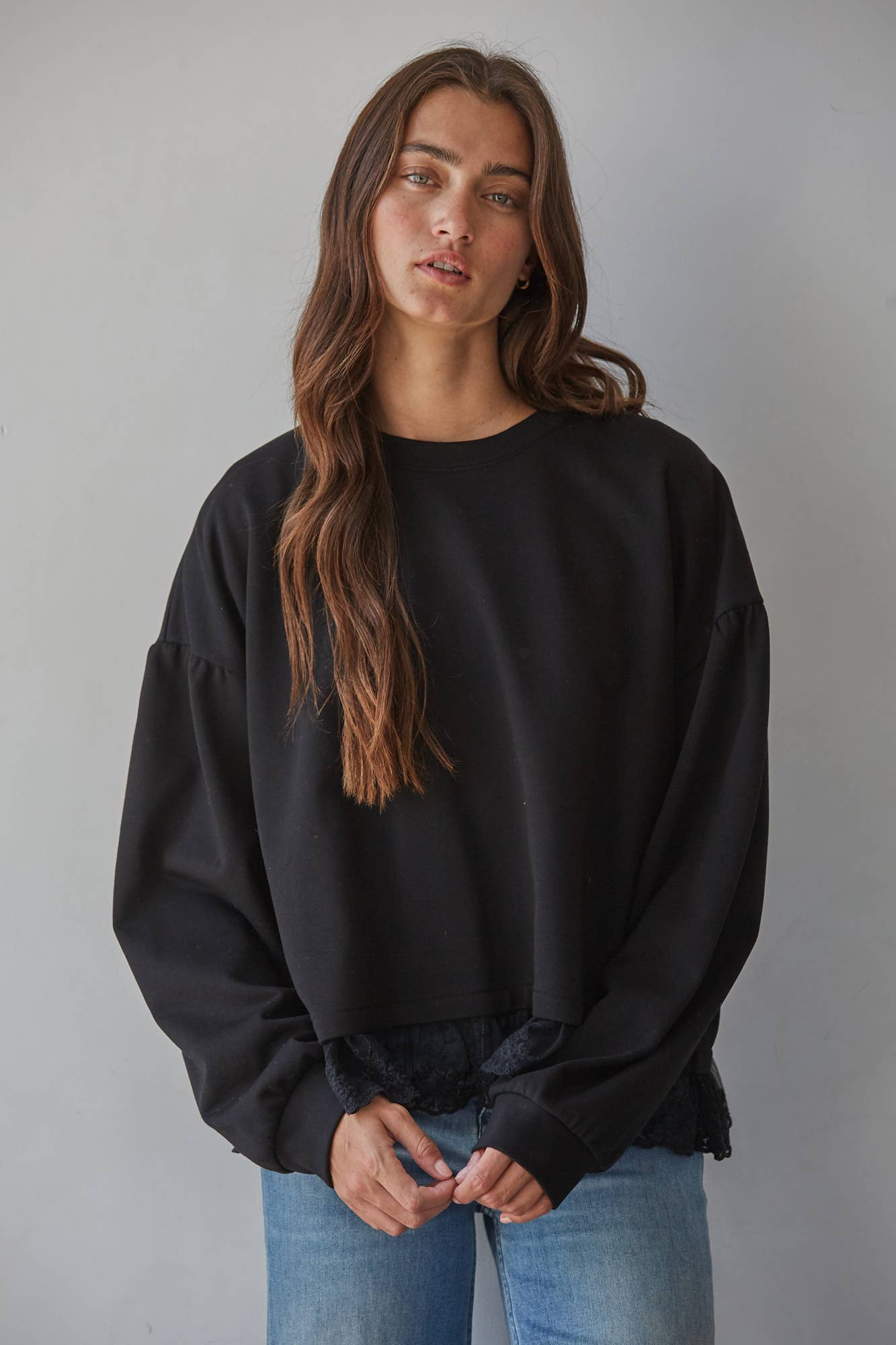 Knit Cotton Crew Neck Long Sleeve Pullover Top