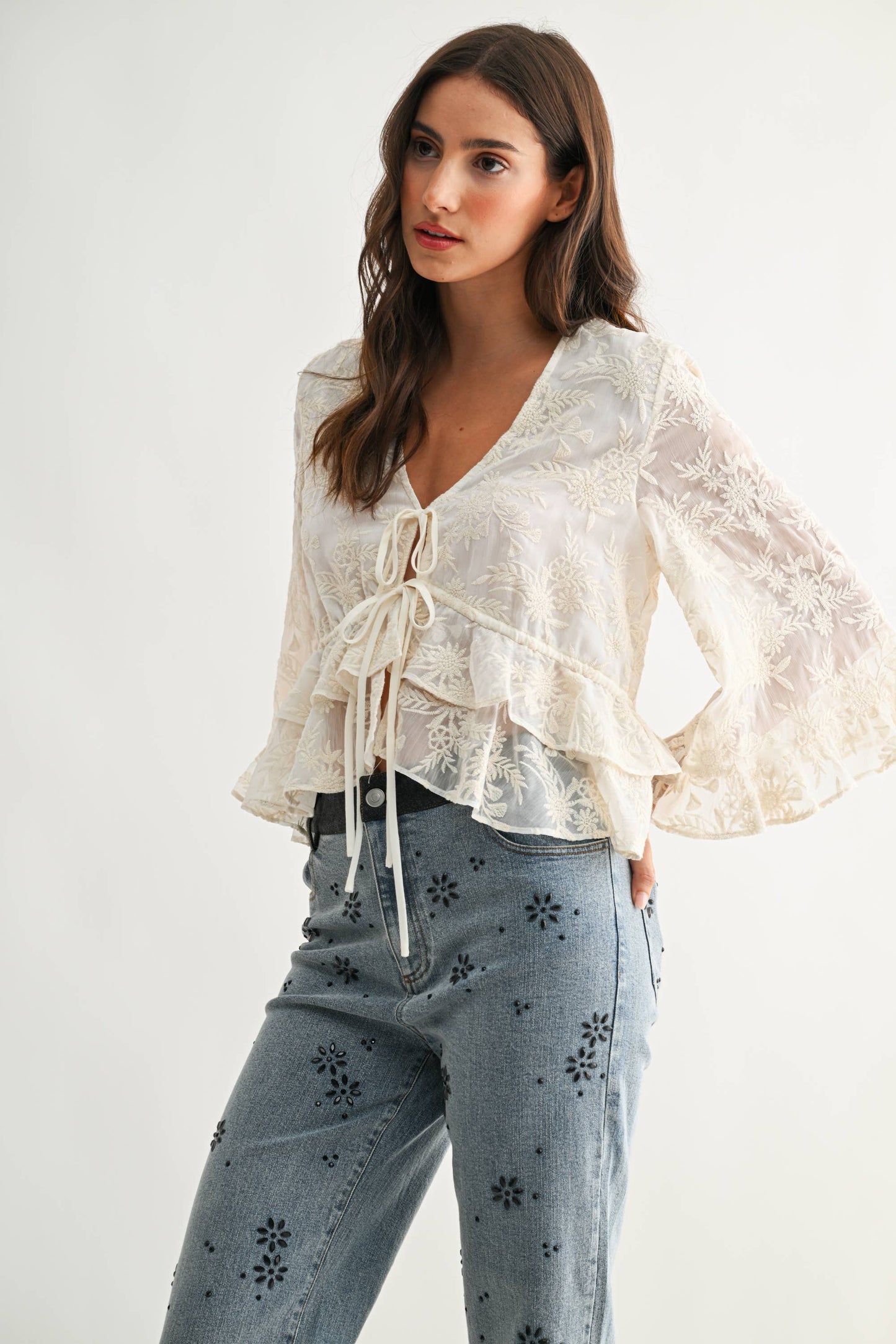 Boho Embroidered Sheer Bell Sleeve Top