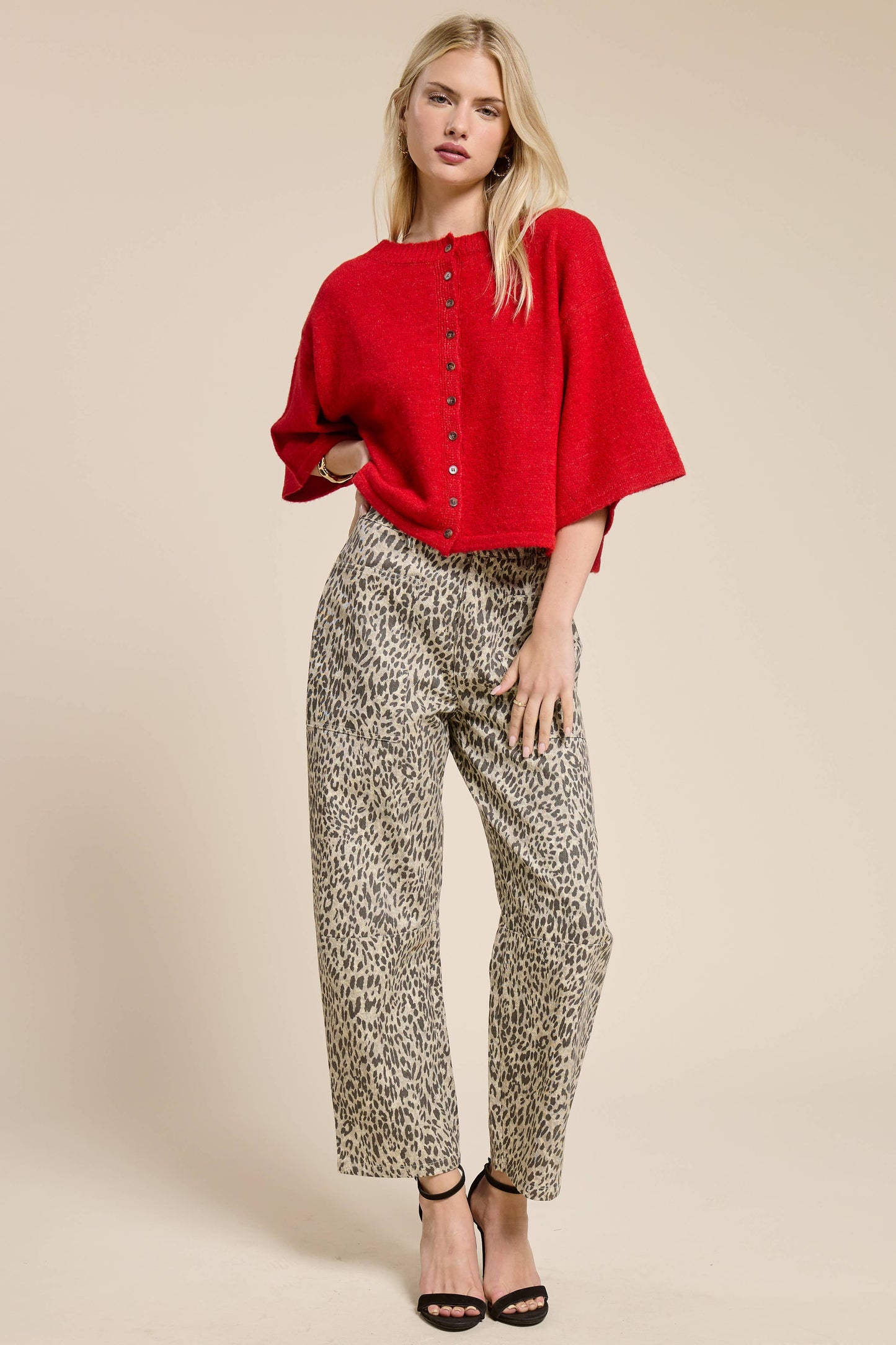 Button Front Short Sleeve Knit Cardigan