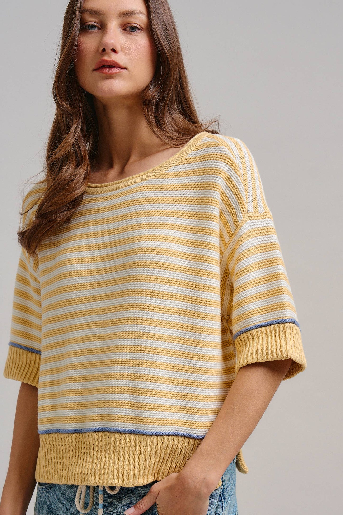 Premium Cotton Striped Contrast Trim Sweater Tee