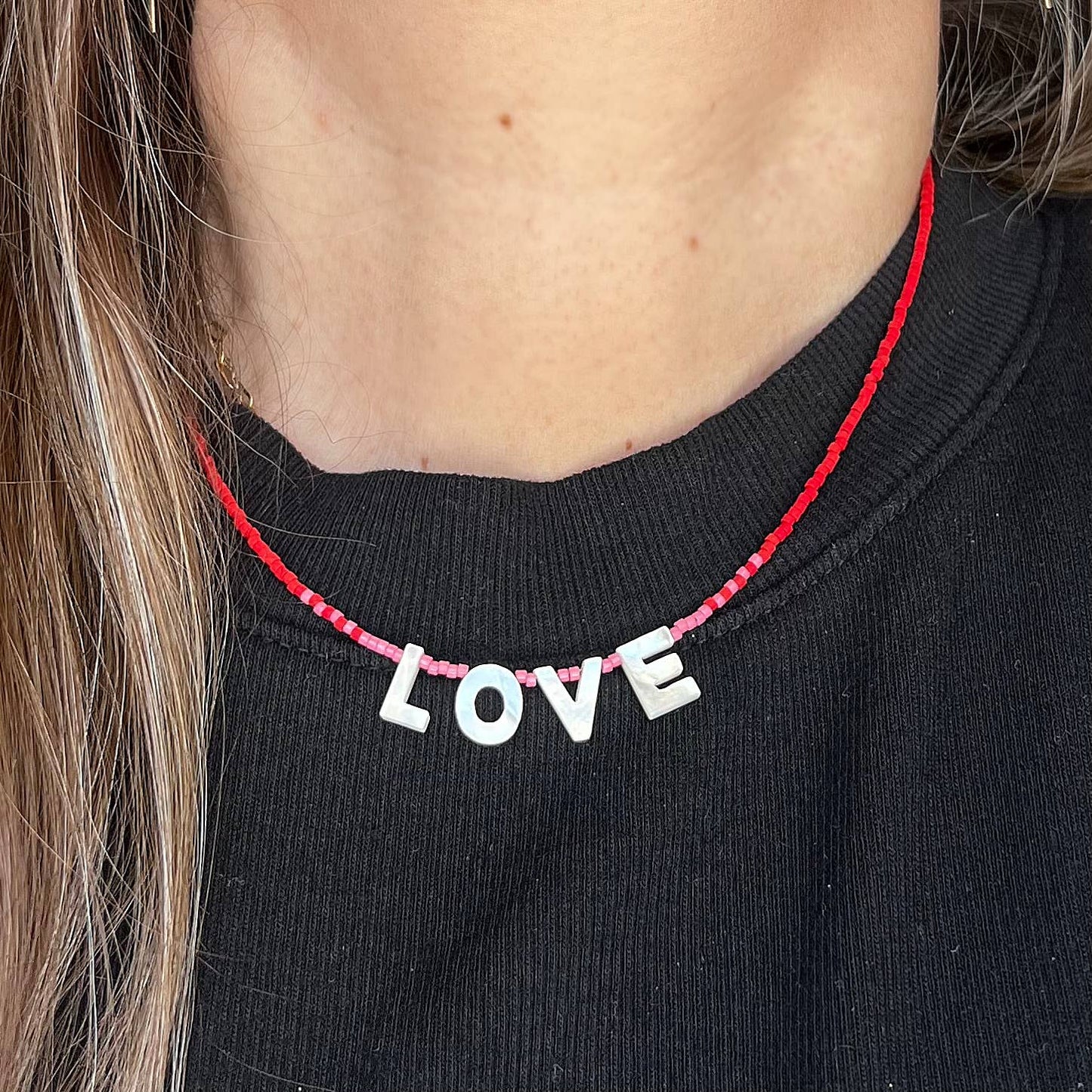 'LOVE' Mother-of-Pearl Beaded Necklace