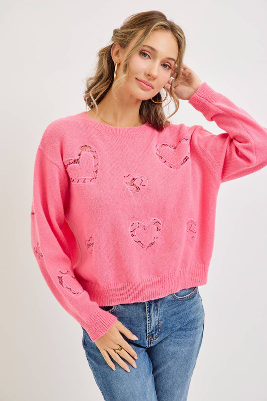 Lace Cutout Heart Sweater in Azalea