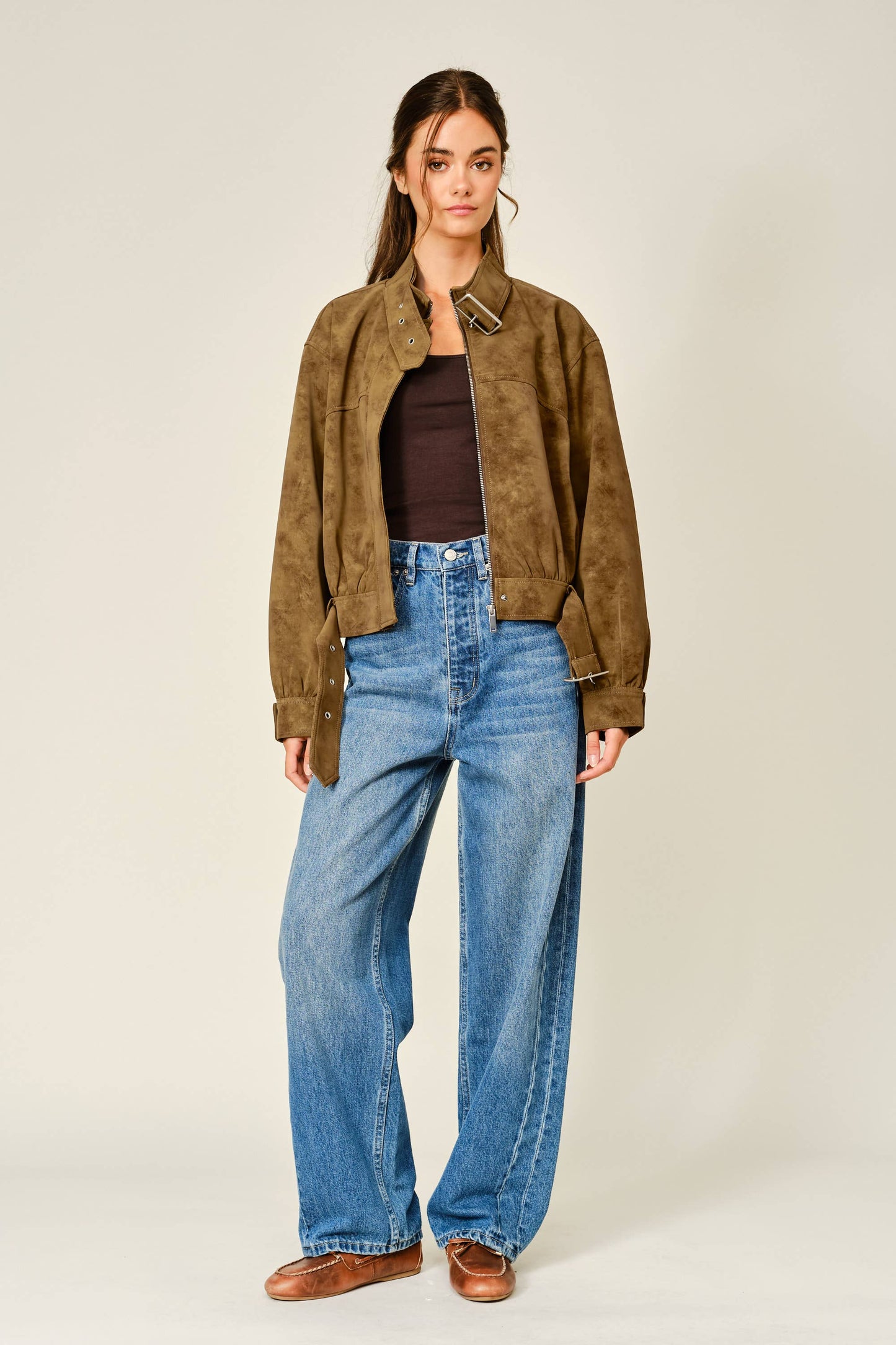 Vintage Vegan Leather Belted Bomber Jacket