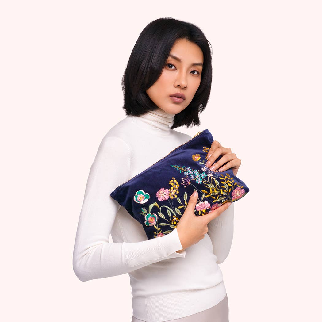 Navy Wildflower Navy Velvet Zip Pouch