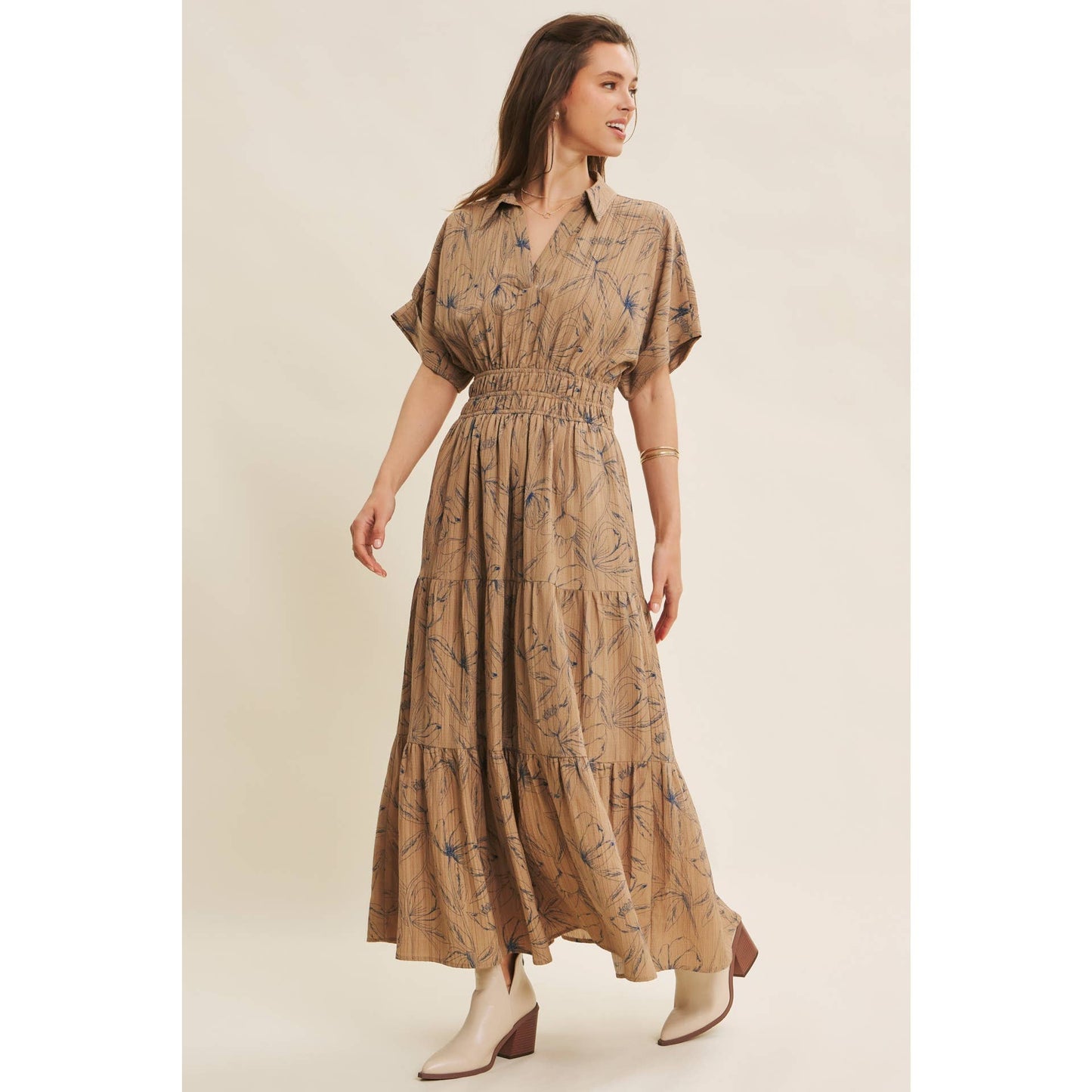 VINTAGE INSPIRED TEXTURED FLORAL MAXI DRESS WITH DOLMAN SLVS