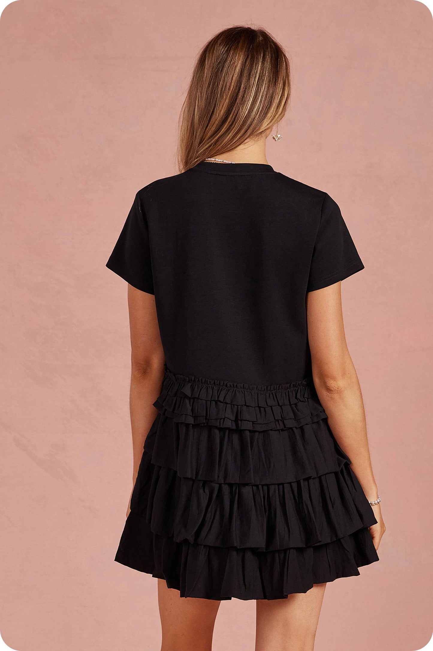 Ruffle Frill Asymmetric Tiered Mixed Media Tee Mini Dress