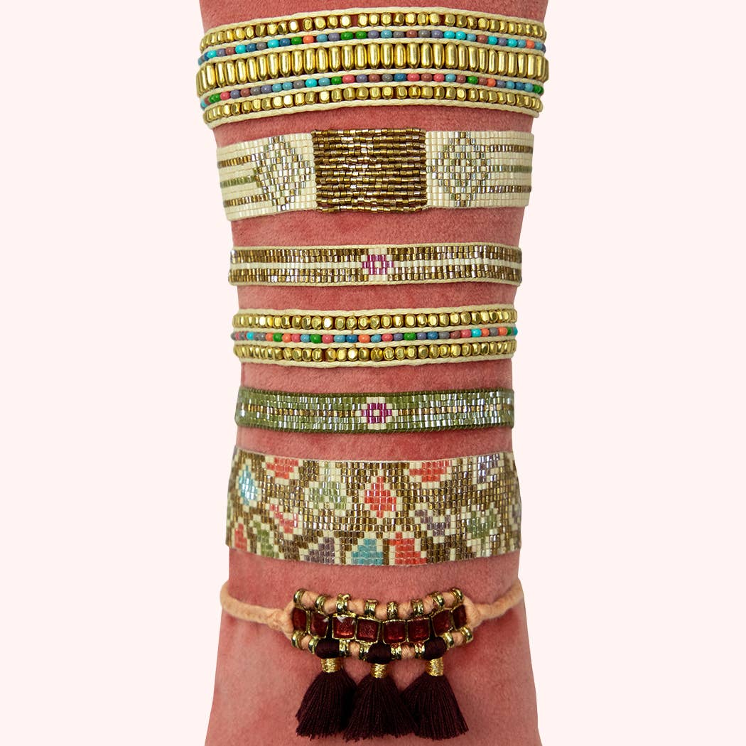 Beaded Bracelet Narrow - Olive & Gold with Diamond