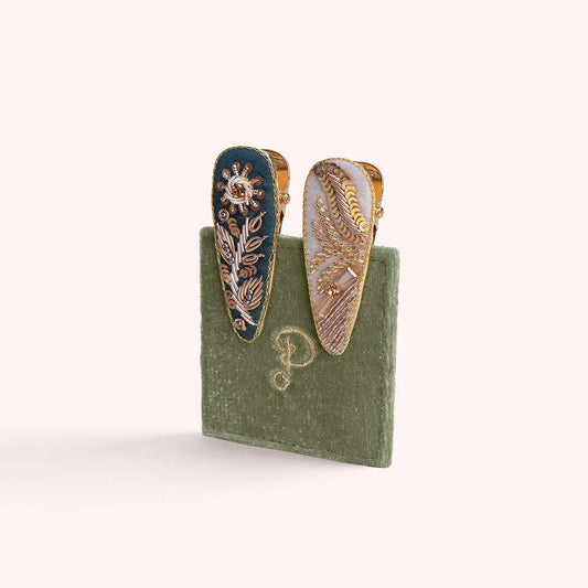 Dainty Floral and Wheat Hand Beaded Hairclips (Set of 2)