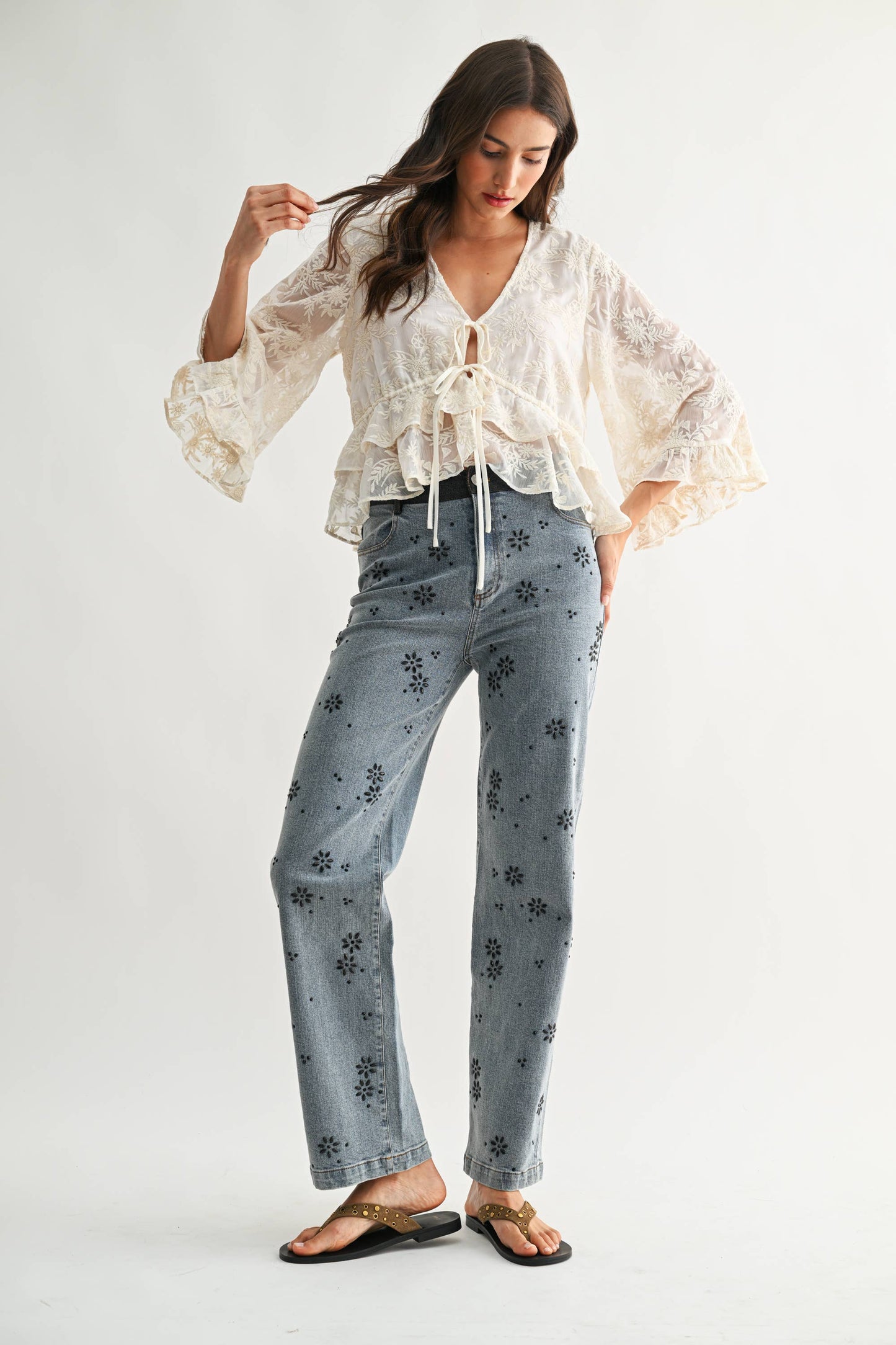 Boho Embroidered Sheer Bell Sleeve Top
