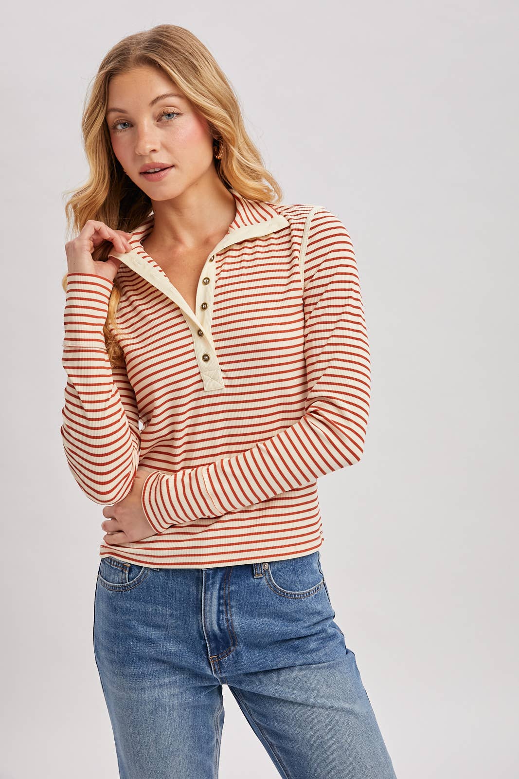 Striped Button-Down Henley Knit Top