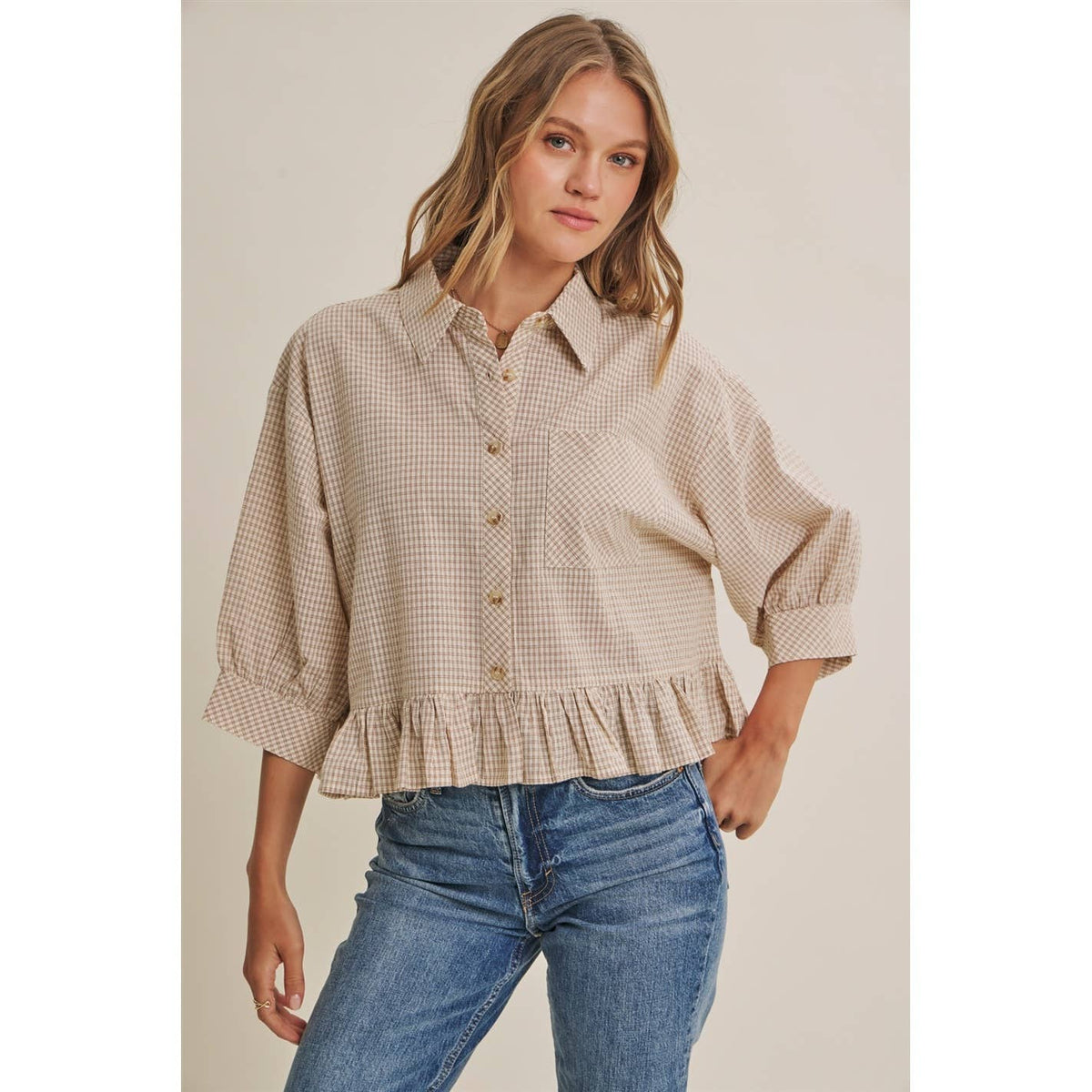 Morning Oat Micro Check Ruffle Hem Button-Down Shirt