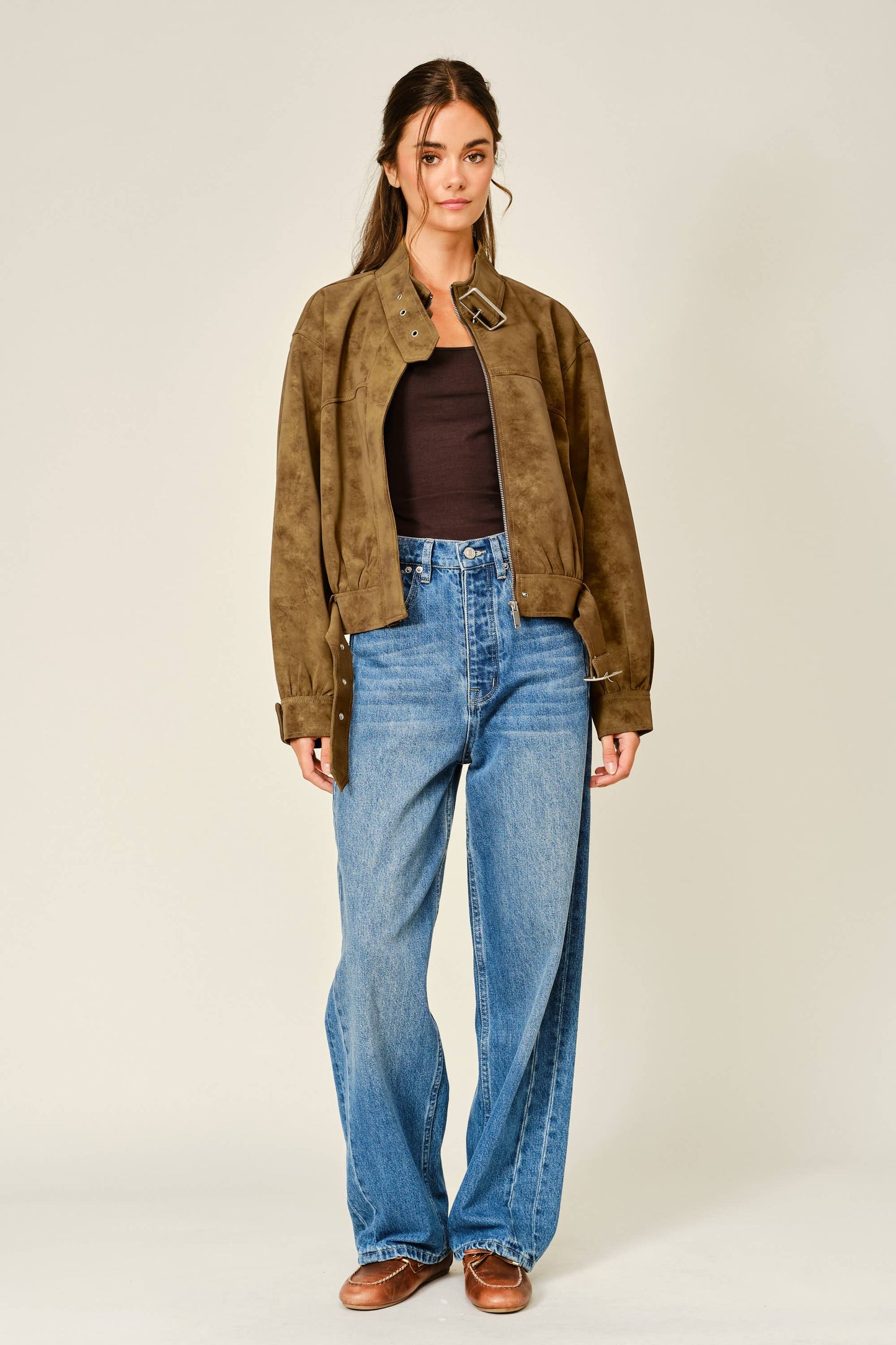 Vintage Vegan Leather Belted Bomber Jacket