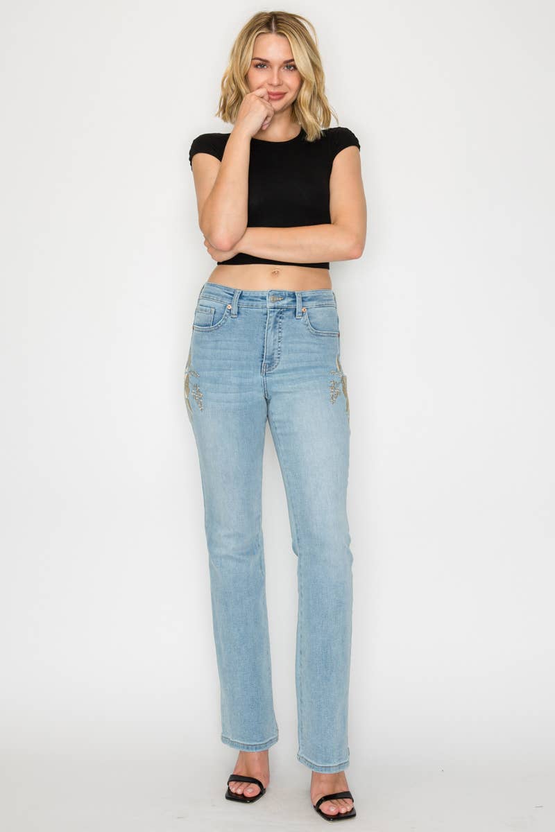 HIGH RISE EMBROIDERED MODERN BOOTCUT JEAN