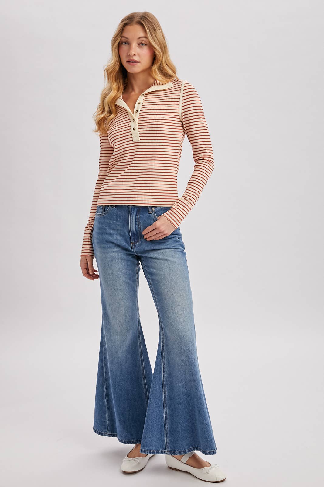 Striped Button-Down Henley Knit Top