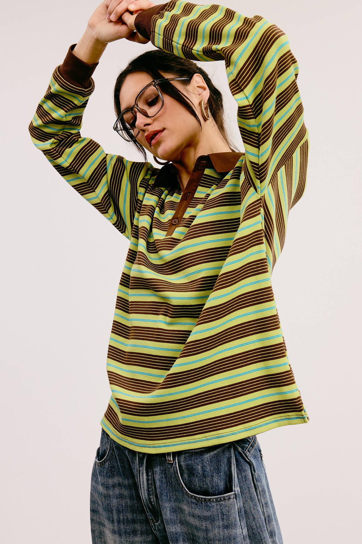 Multicolor Stripe Oversized Long Sleeve Polo Shirt