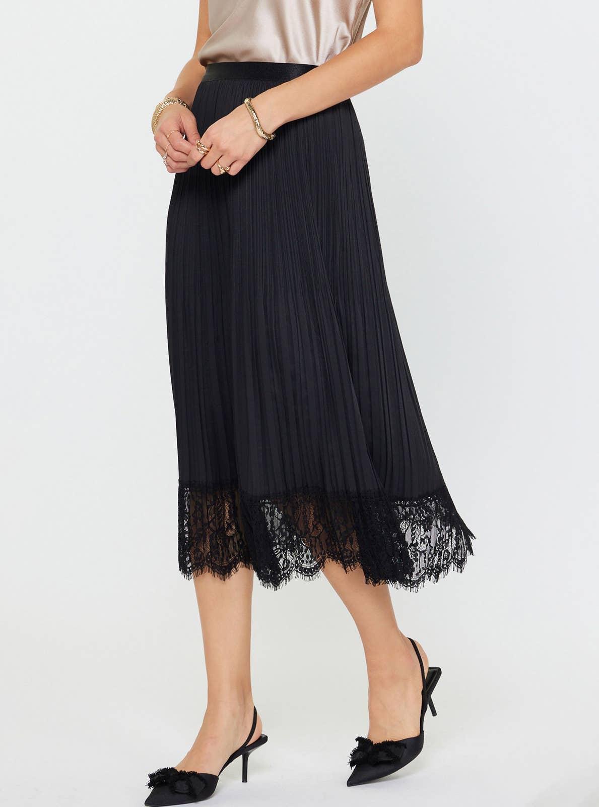 Pleated Midi Skirt W/Lace Trim