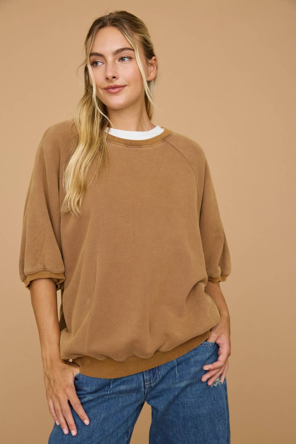 Washed Short Puff Sleeve Pullover Sweatshirt