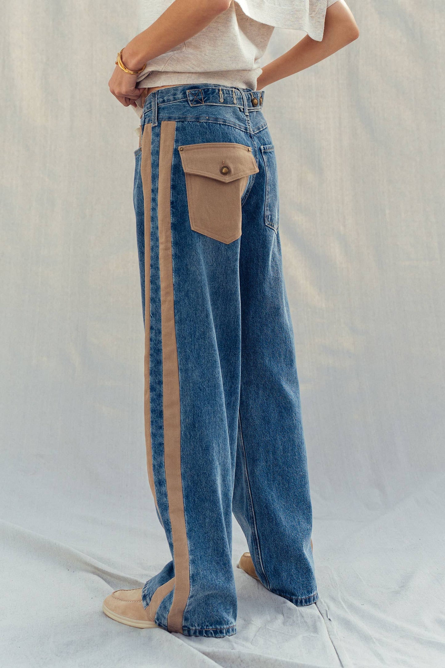Slouchy Relaxed Wide-Leg Utility Stripe Denim Jeans