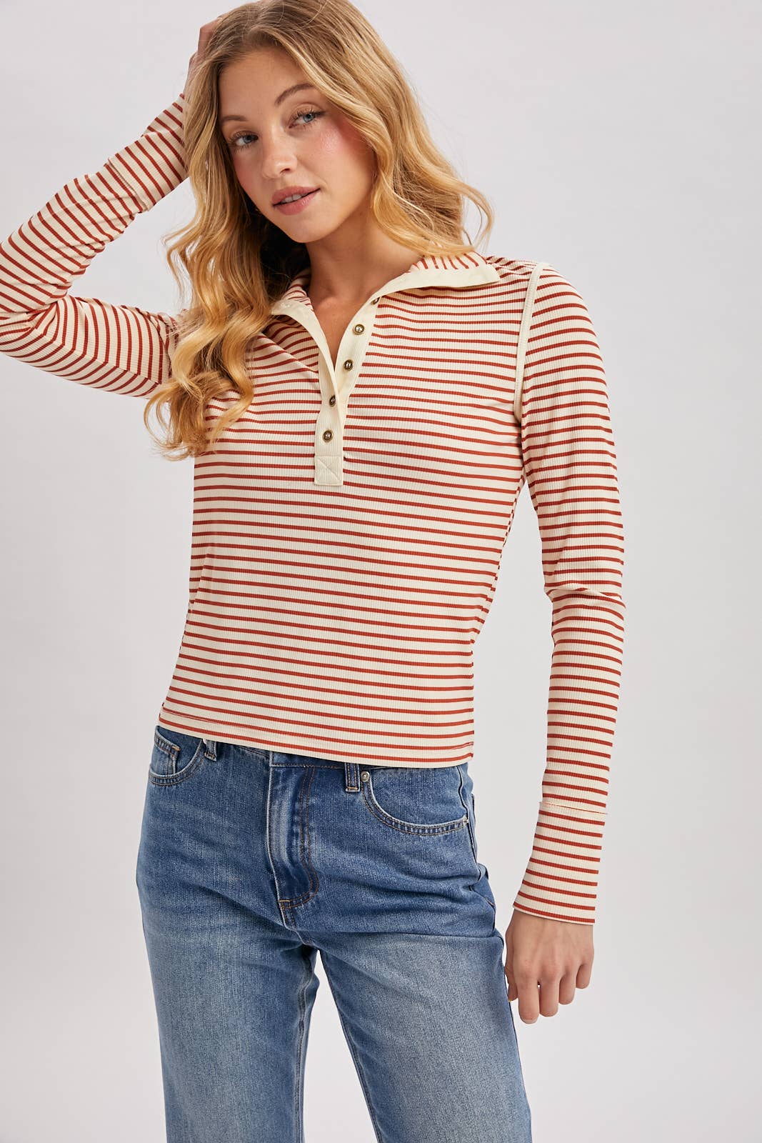 Striped Button-Down Henley Knit Top