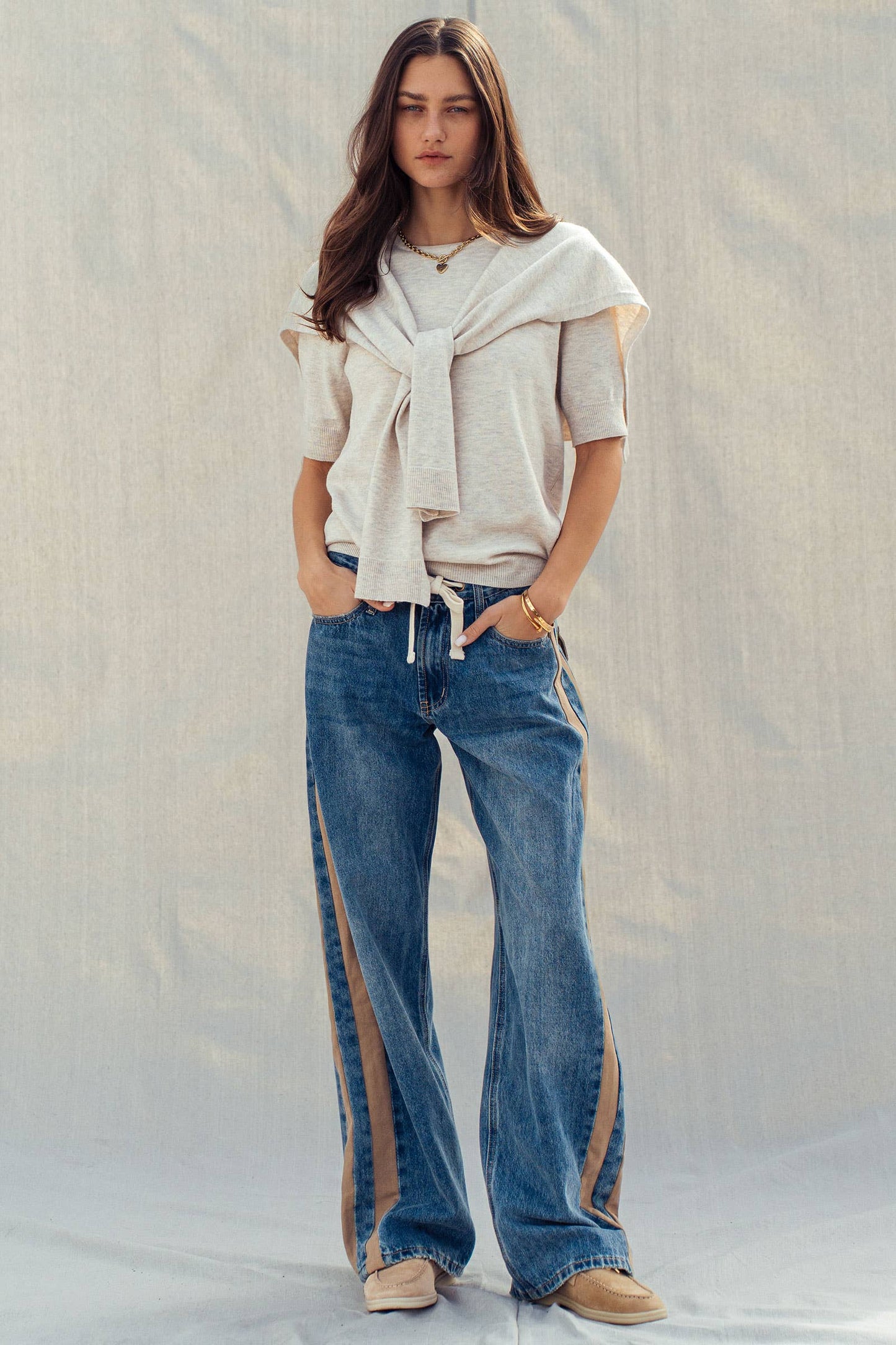 Slouchy Relaxed Wide-Leg Utility Stripe Denim Jeans