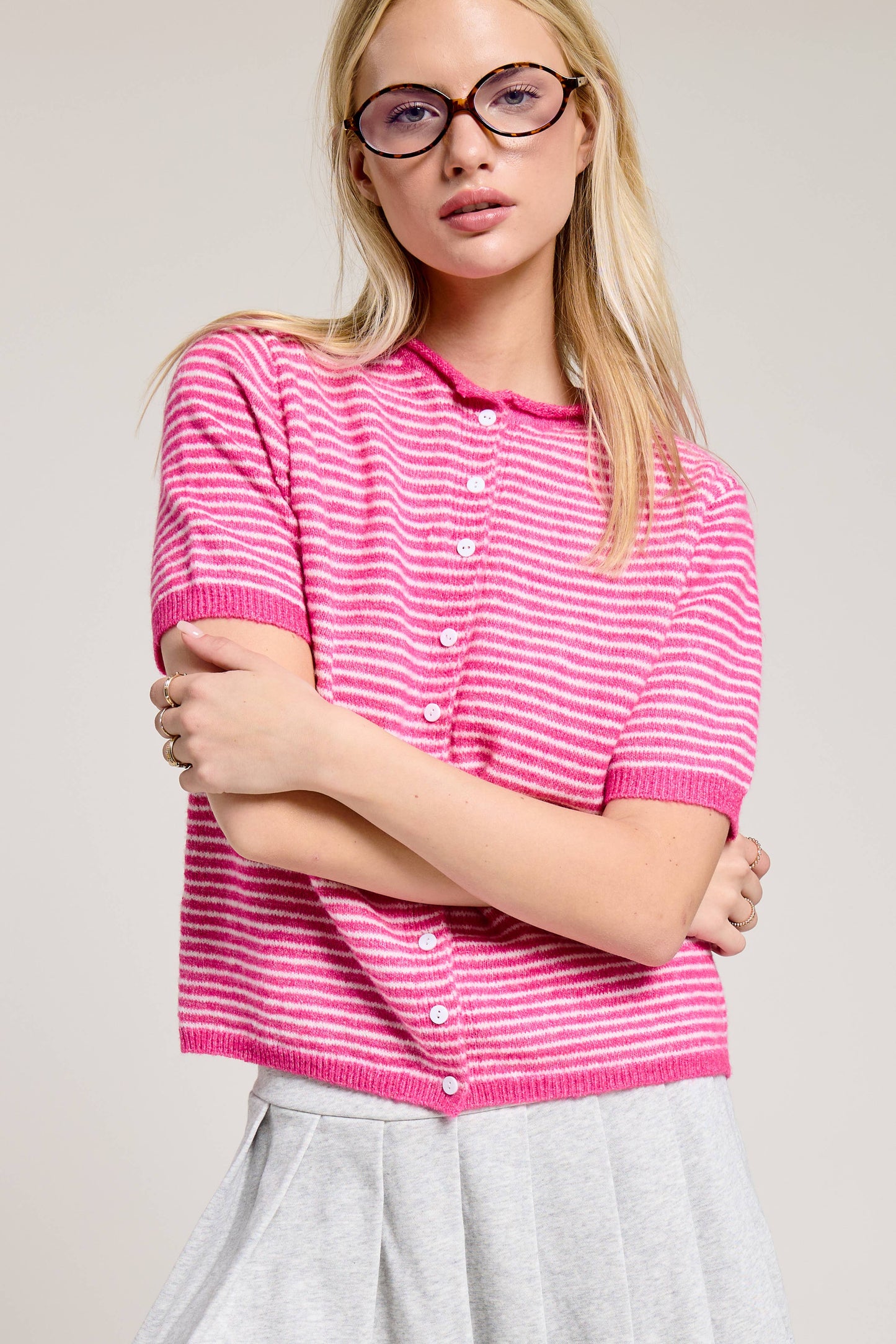 Muse Striped Short Sleeve Button Cardigan