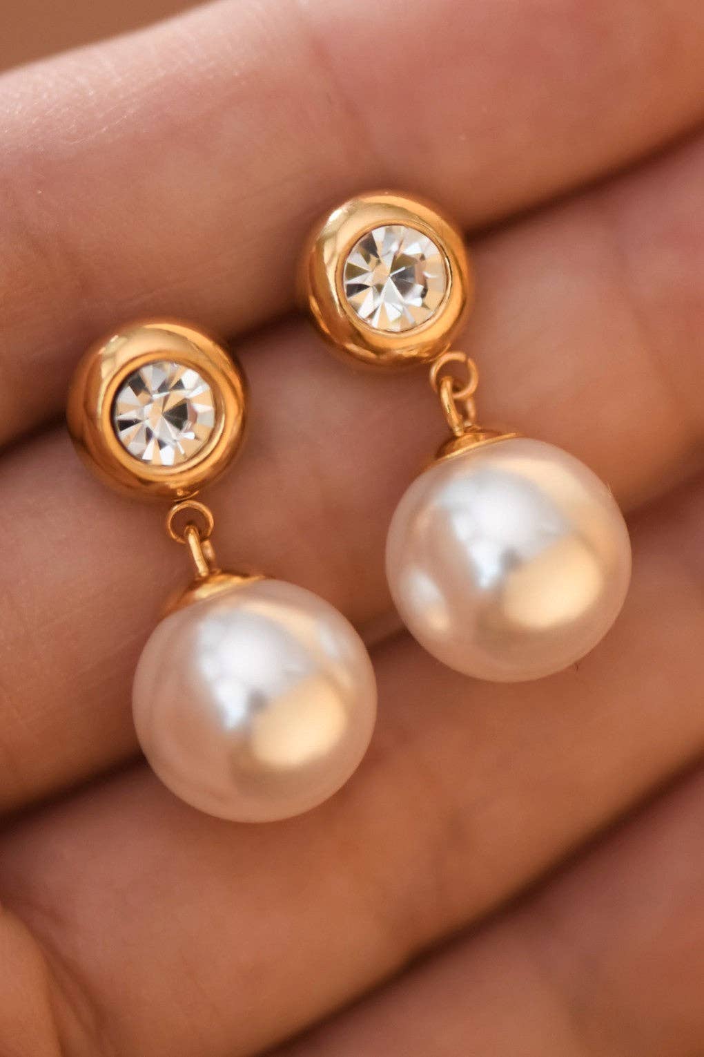 18K Gold Plated Waterproof Pearl and Diamond Drop Earrings