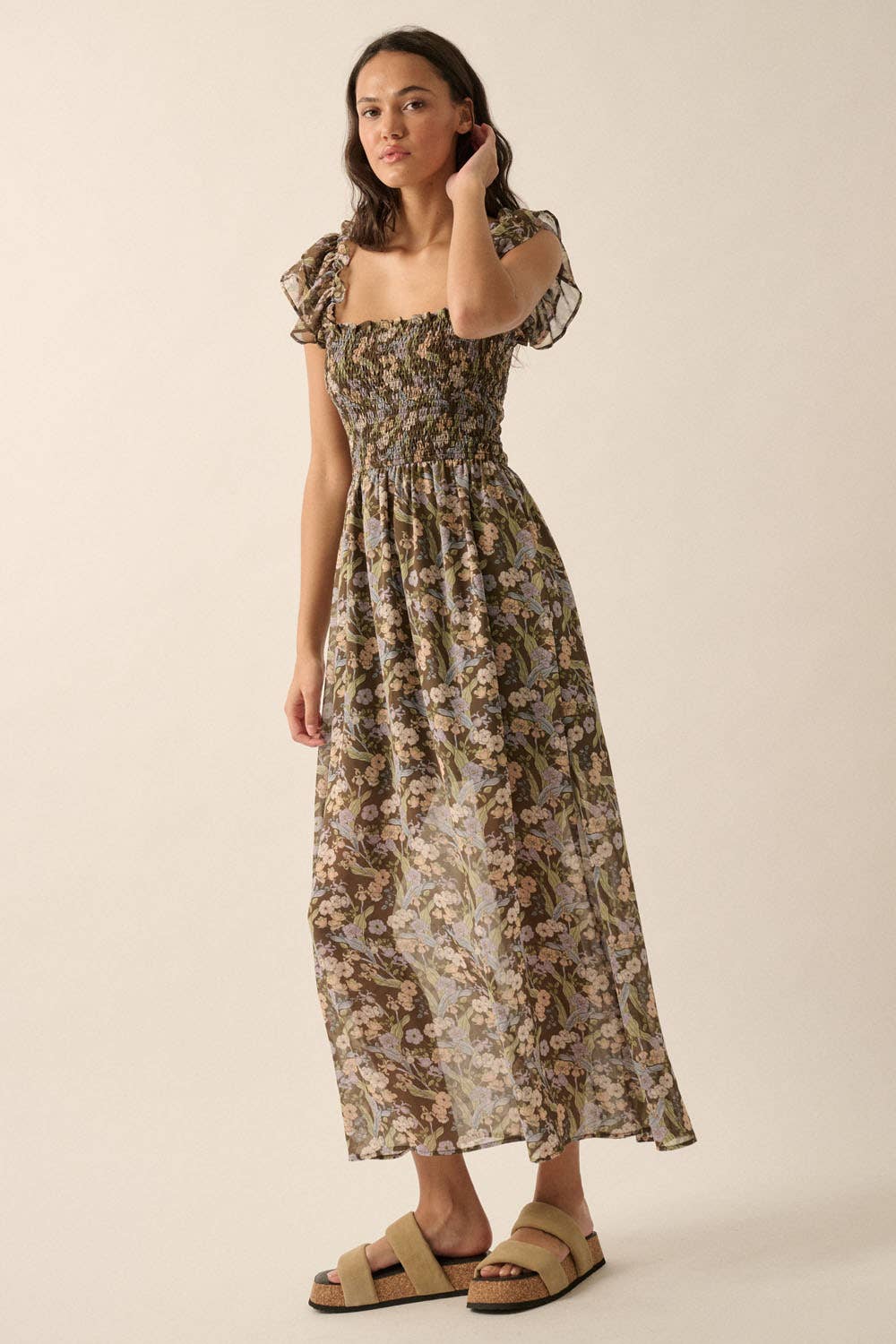Floral Sheer Square-Neck Smocked-Bodice Maxi Dress