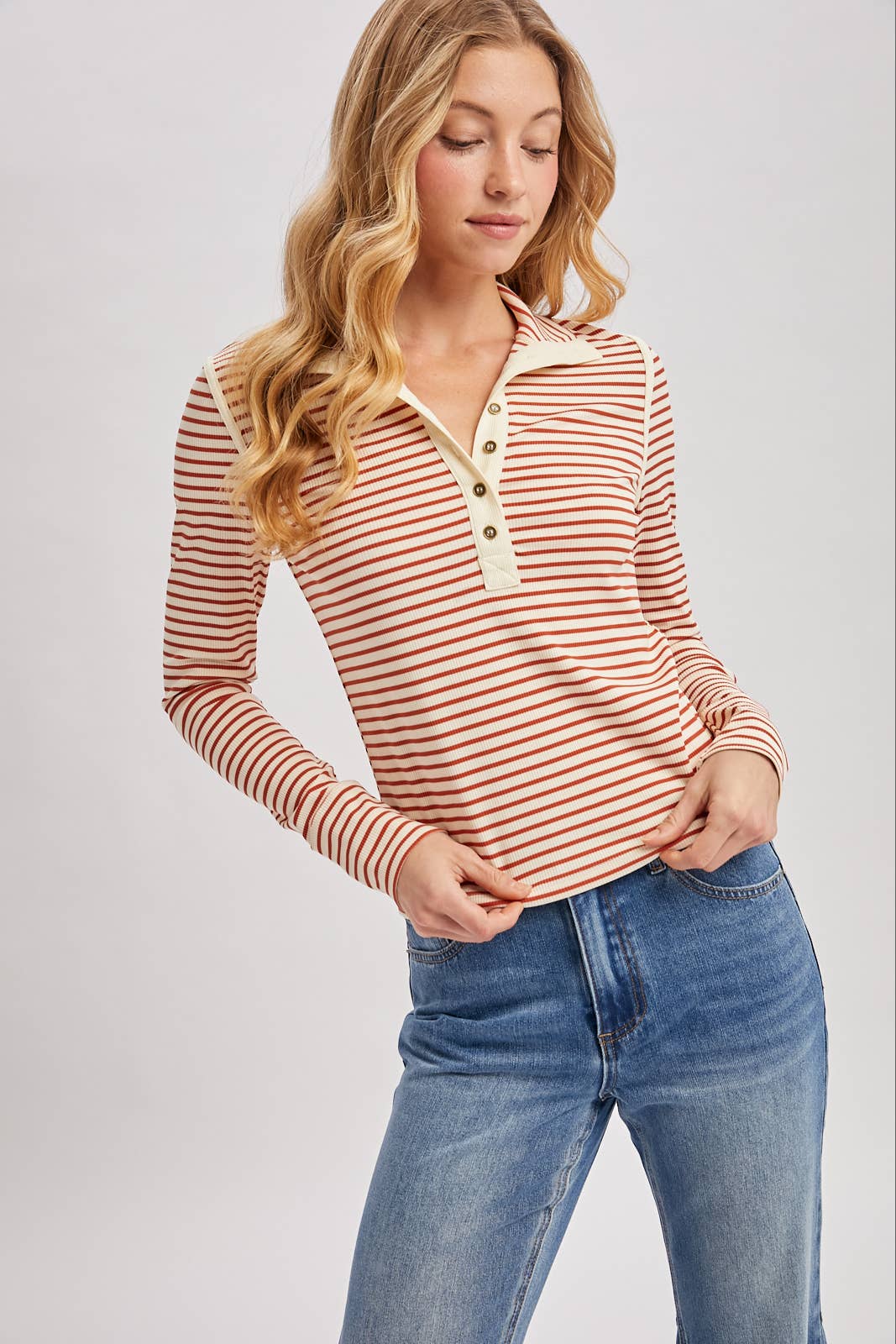 Striped Button-Down Henley Knit Top