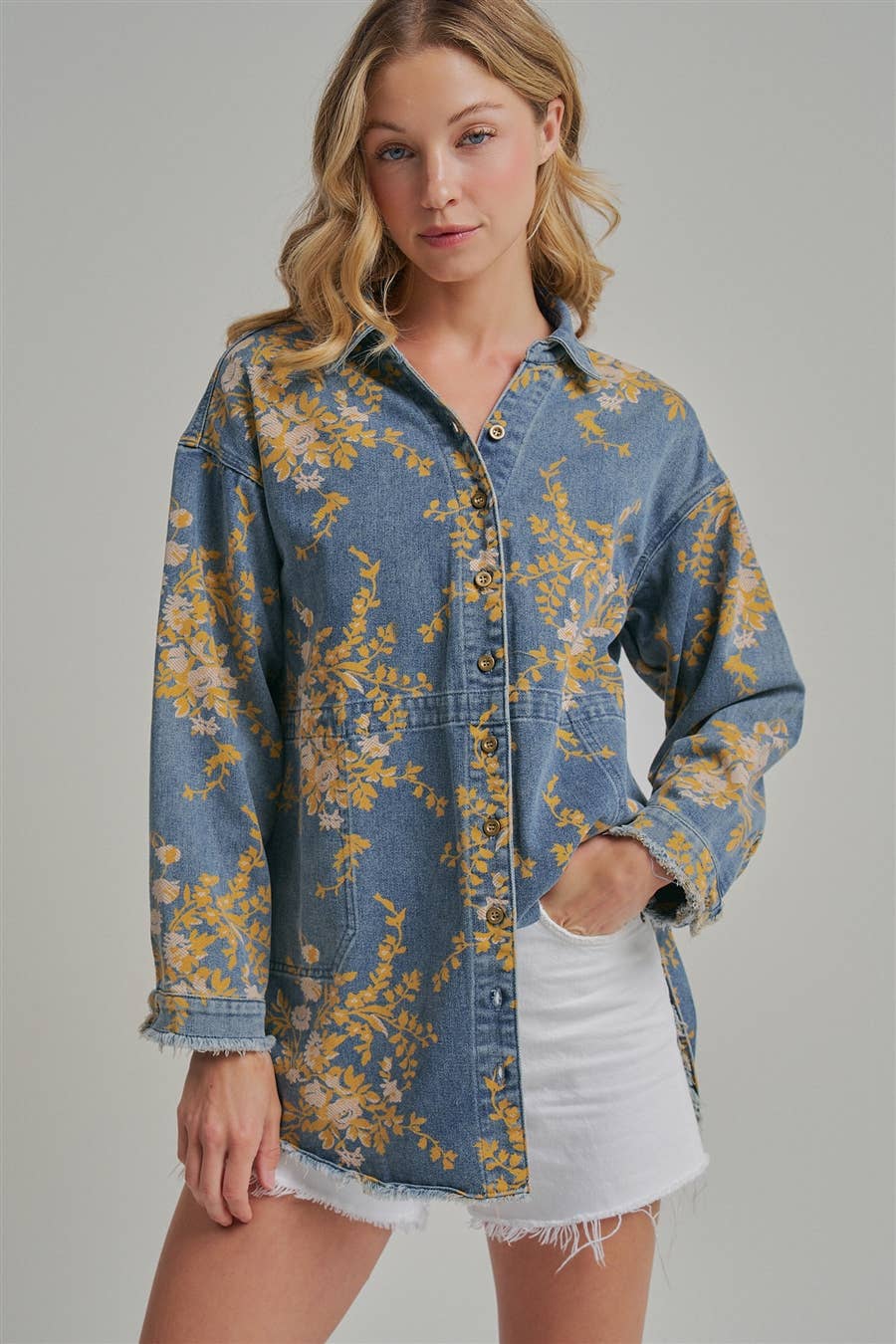 Floral Denim Relaxed Shirt/Jacket with Pockets