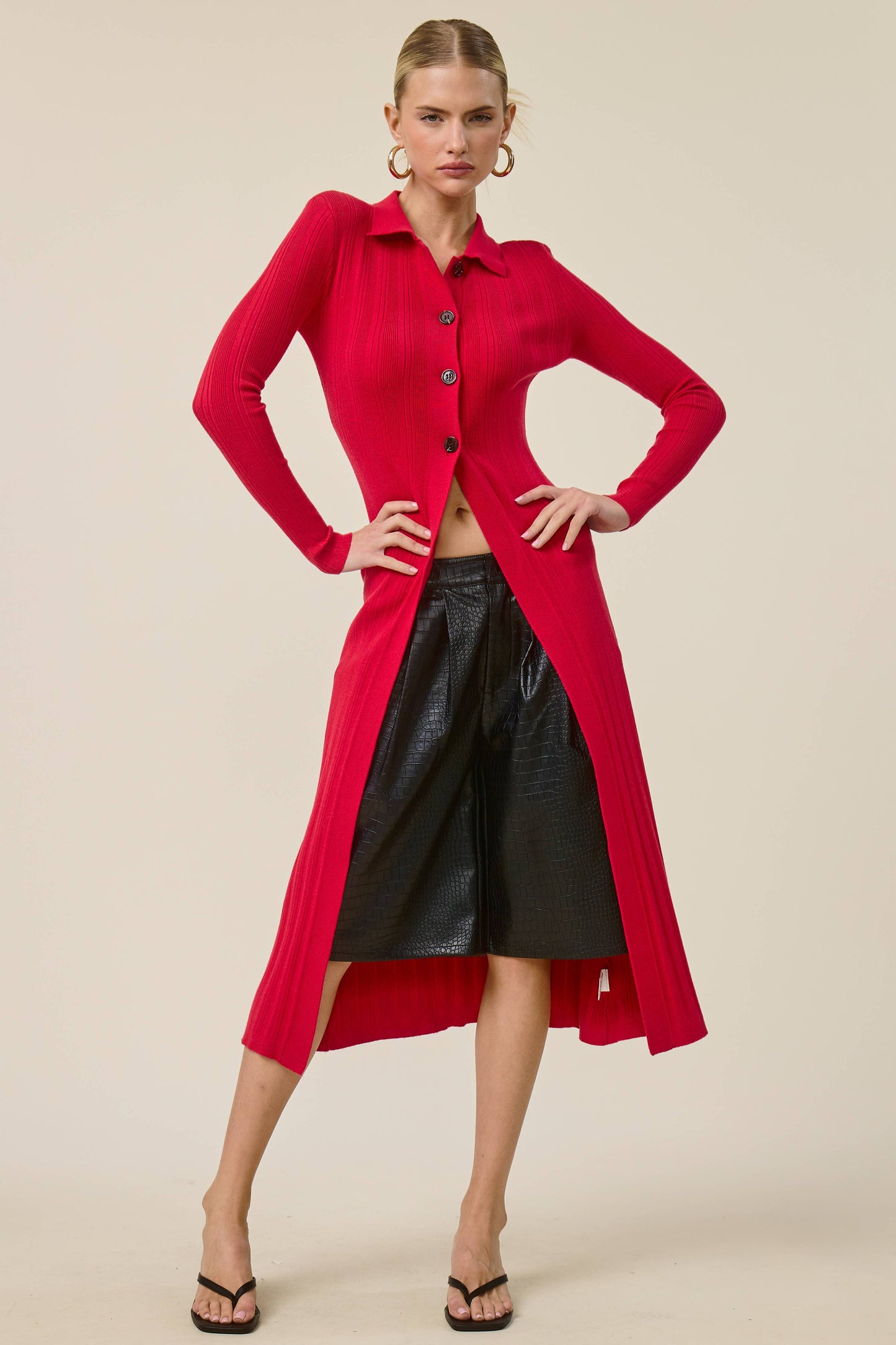 Collared Ribbed Knit Duster Cardigan
