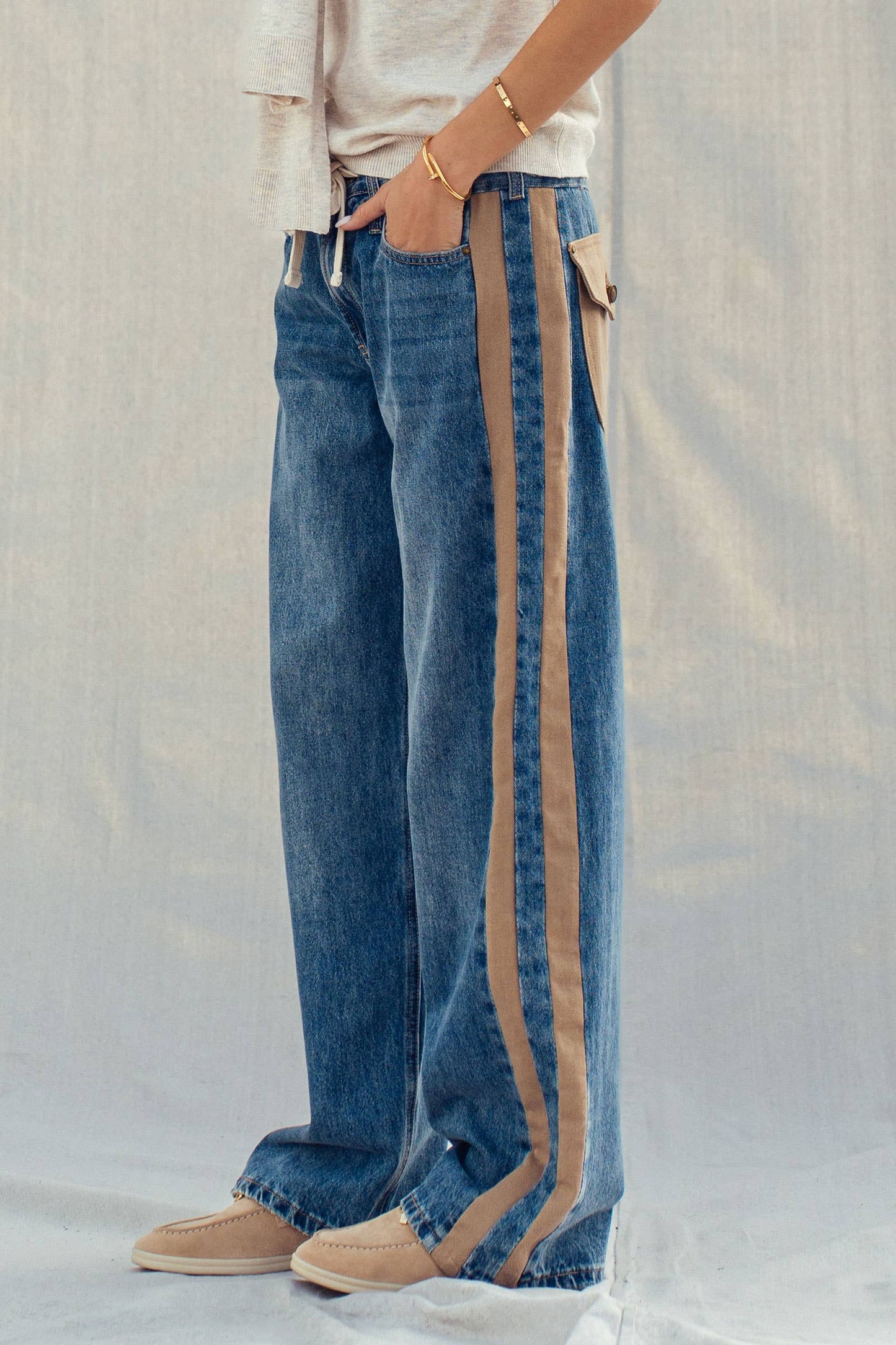Slouchy Relaxed Wide-Leg Utility Stripe Denim Jeans