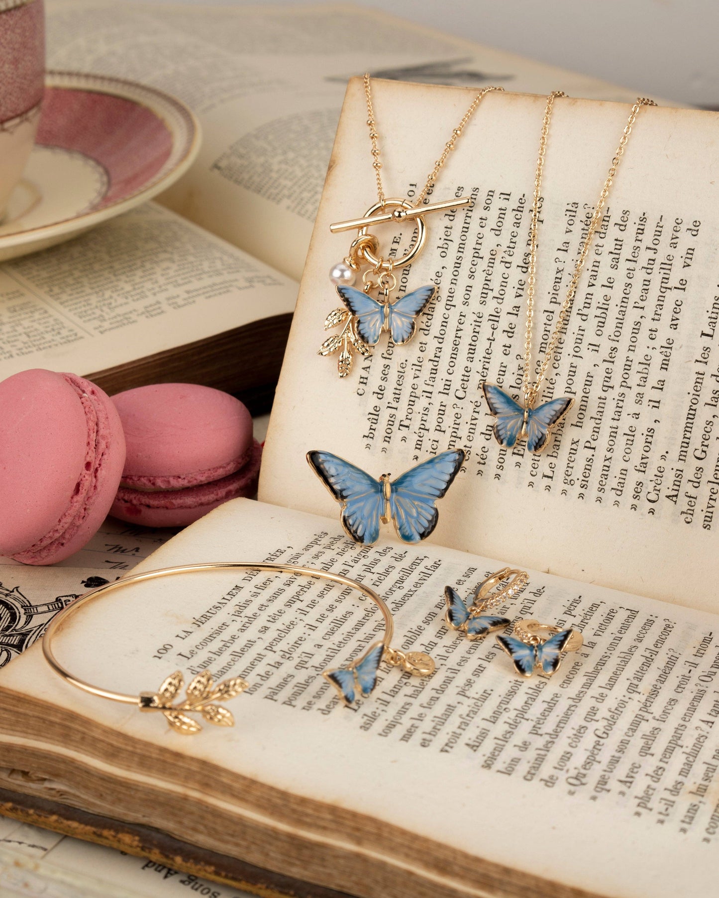 Enamel Blue Butterfly & Leaf Charm Necklace